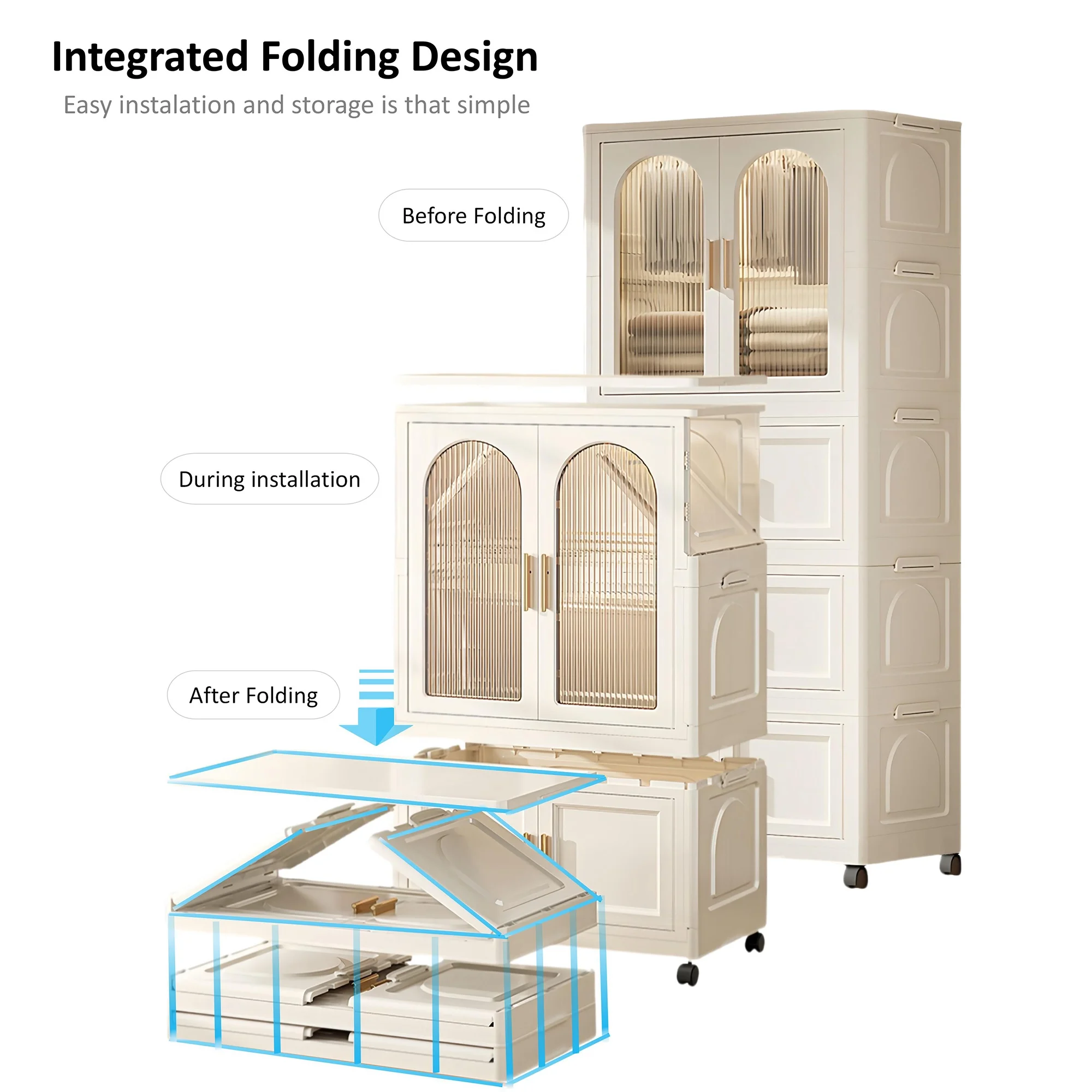 PORKISS Portable Wardrobe Closet, Folding Bedroom Armoire with Wheels, Plastic Storage Basket Can be Freely Combined (1 Layer of Wardrobe + 2 Layers of Folding Boxes+10 Hangers), Cream White-57.09"H - Image 12