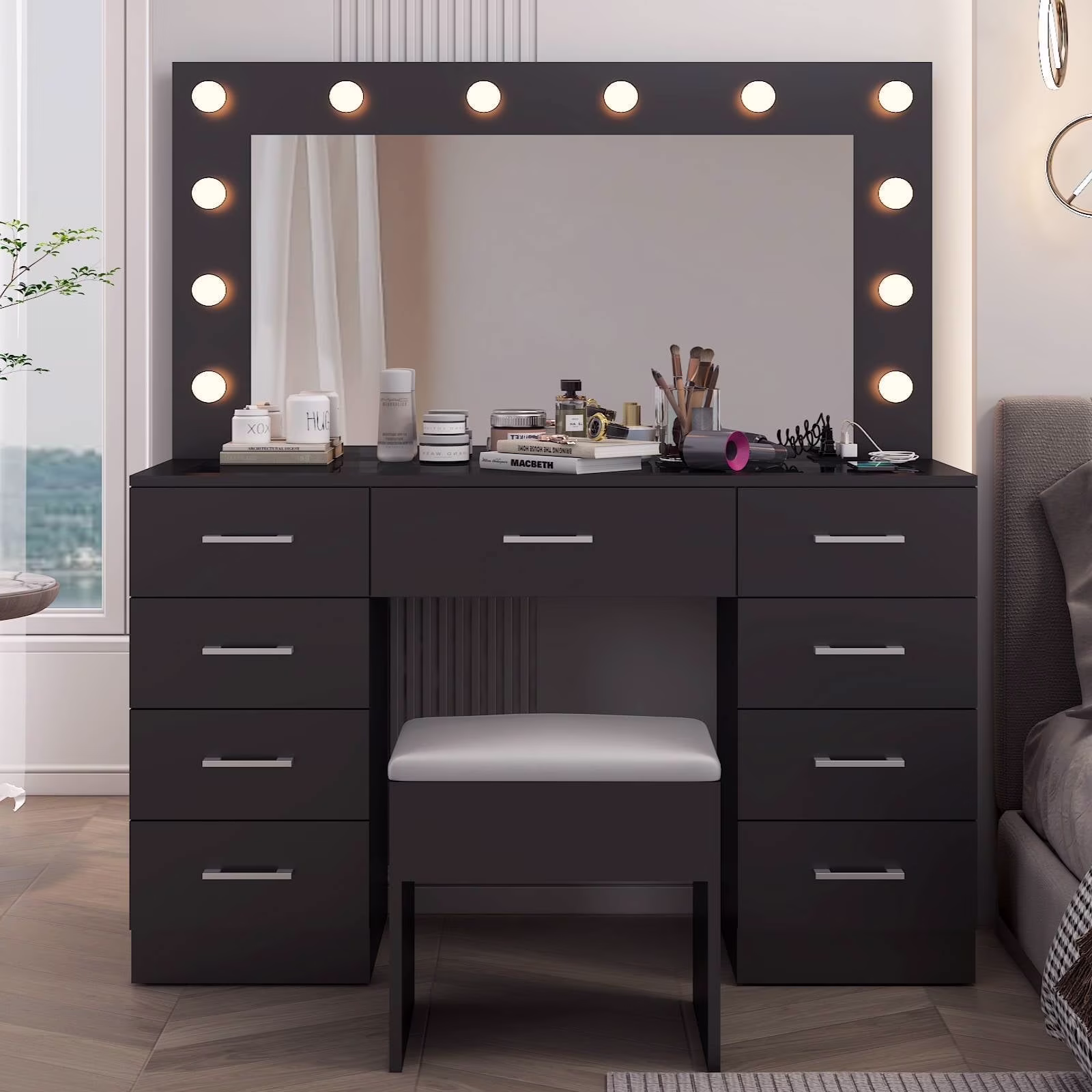 Ktaxon Large Makeup Vanity, Vanity Table Set w/ Visible Glass Top w/ Charging Station, White - Image 13