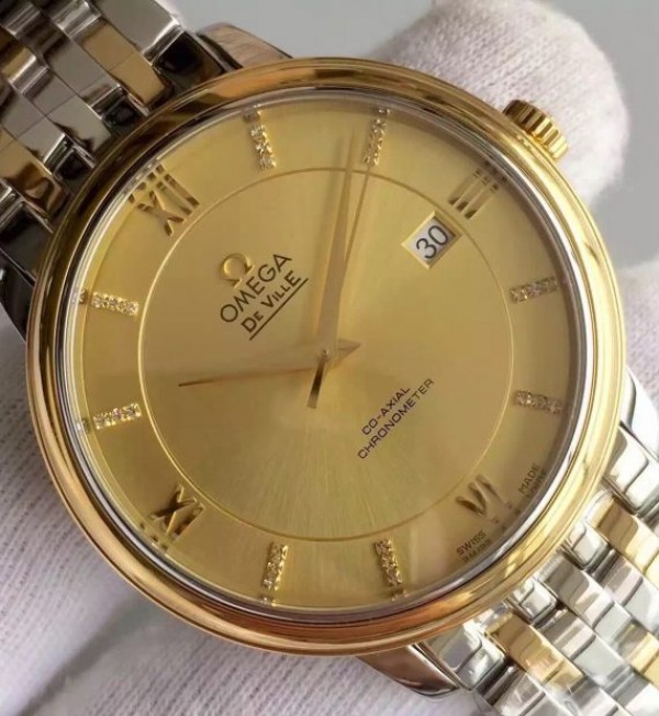 Replica Omega MK De Ville 39.5mm Yellow Dial Diamonds Markers RG Bezel SS/RG Bracelet A2824 - Top club