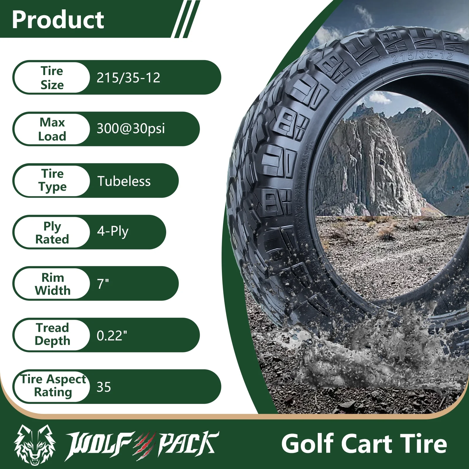 Set of 4 WOLF PACK 215/35-12 Golf Cart Tires Non-Directional Tubeless Tire Multi-Terrain Tire with Superior Traction and Mud-Resistant Self-Cleaning Tread Design for Long-Lasting Performance