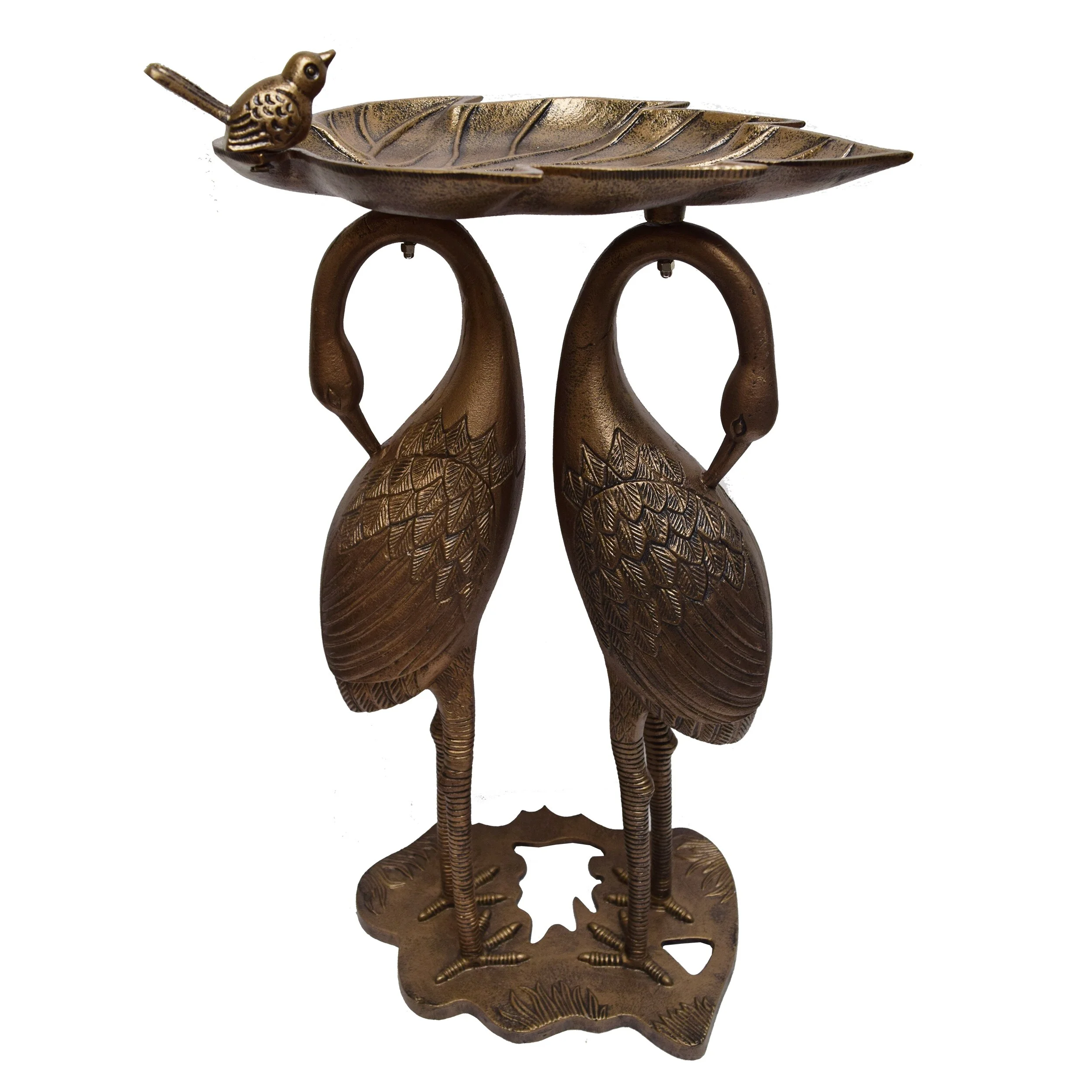 Oakland Living Corporation Cast Aluminum 30-in Twin Crane Bird Bath with Leaf Bowl Antique Pewter