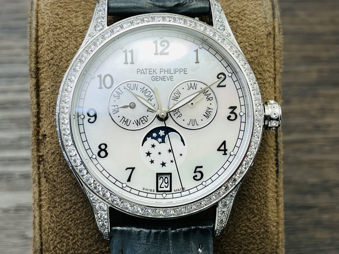 Fake Diamond Watch Patek Philippe Replica Complications Annual Calendar Moon Phases White Gold White Mother of Pearl Dial 38mm Diamond Bezel 4948G-010(1:1 replica) - Top club