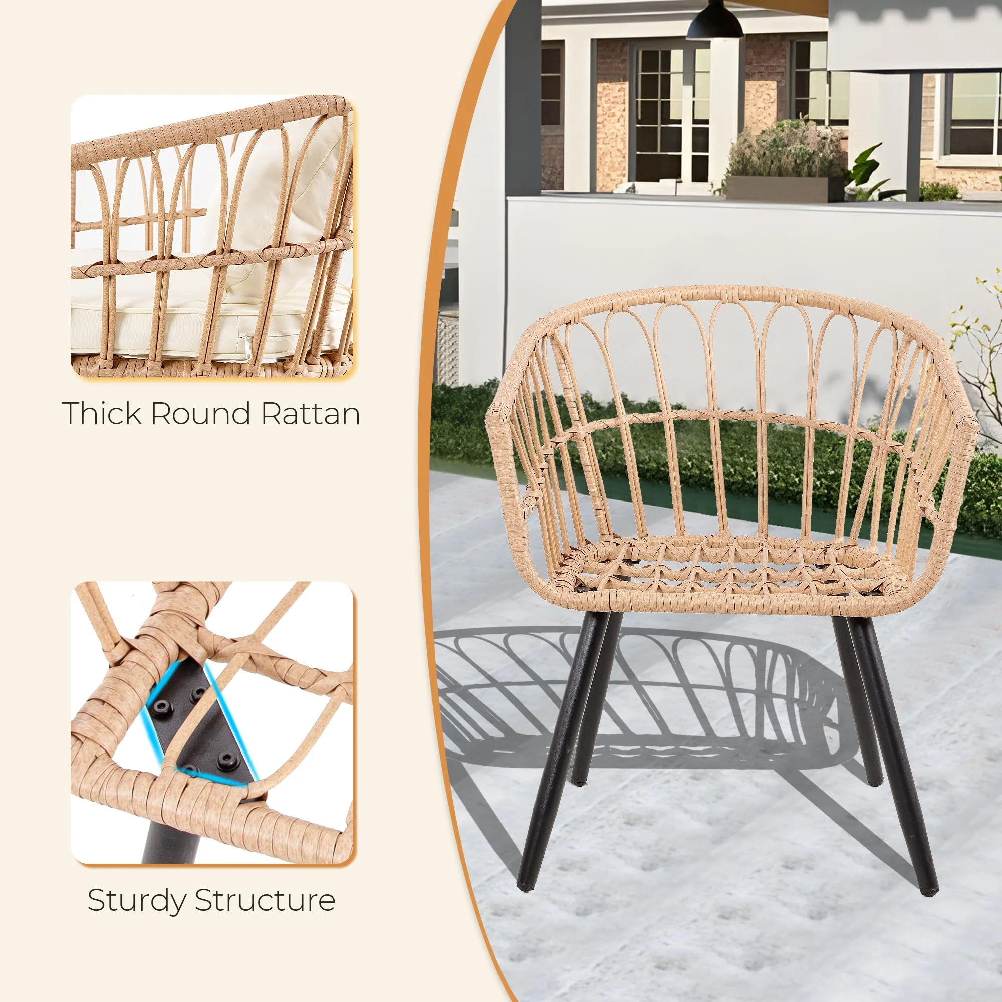 FHFO 3 Piece Patio Bistro Set, Outdoor Wicker Apartment Balcony Furniture Sets, Rattan Table and Chairs Set of 2 for Porch Backyard Lawn Poolside Deck, Beige - Image 14