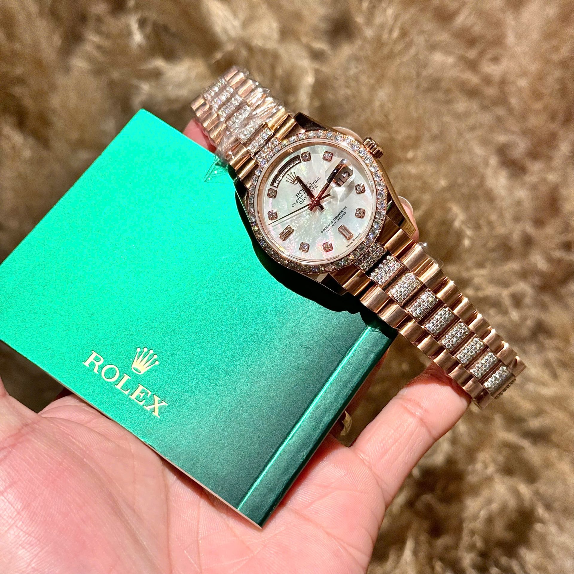 Rolex Best Replica Watch Day-Date Dial Mother Of Pearl Custom Gold Wrapped GMF 40mm - Elite Watch Atelier
