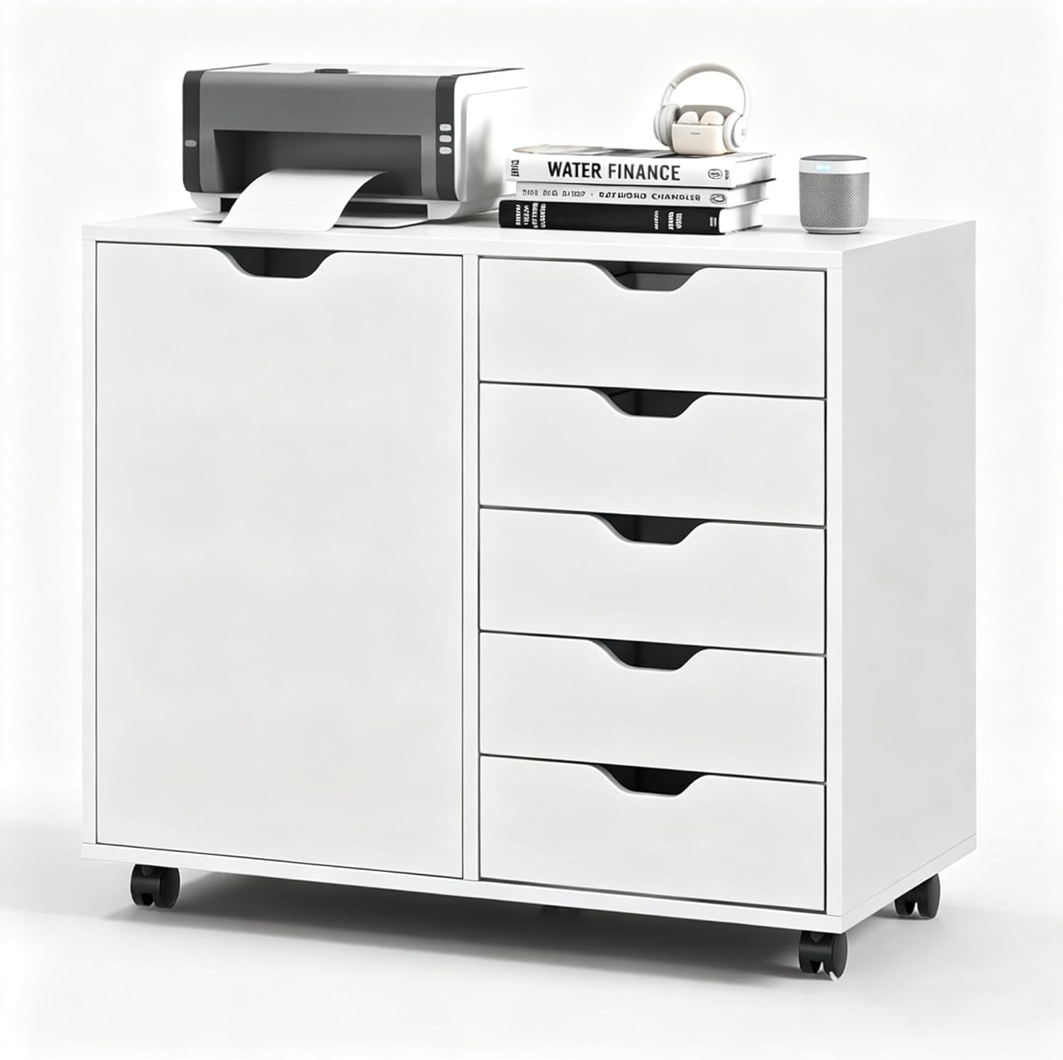5-Drawer Wood Drawer Cabinet, Office Storage Cabinet with Adjustable Shelf & Wheels, Printer Stand for Home Office, White, 15.7