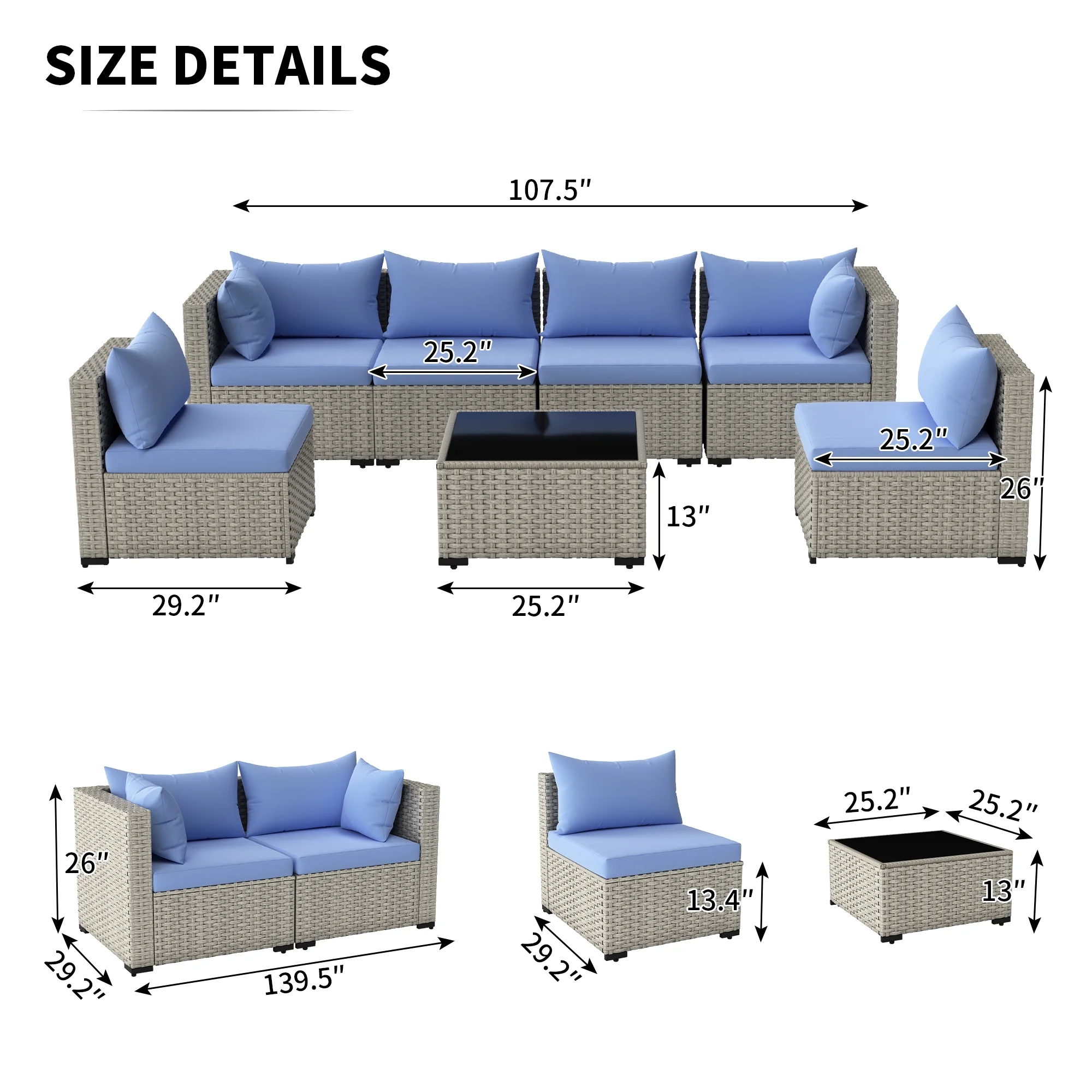 7 Pieces Patio Conversation Set, Outdoor Sectional PE Rattan Wicker Furniture Seat,Dark Gray - Image 58