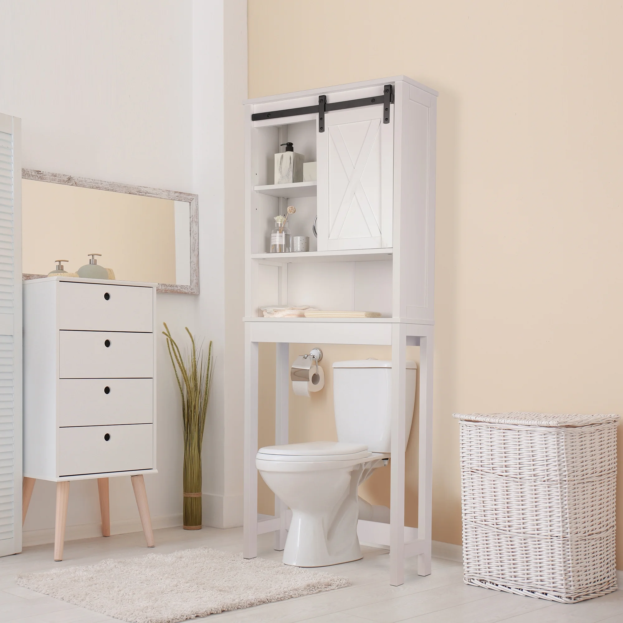 Tolead Wooden Bathroom Storage Over The Toilet with Adjustable Shelves and Sliding Doors, Towels, Wood, White