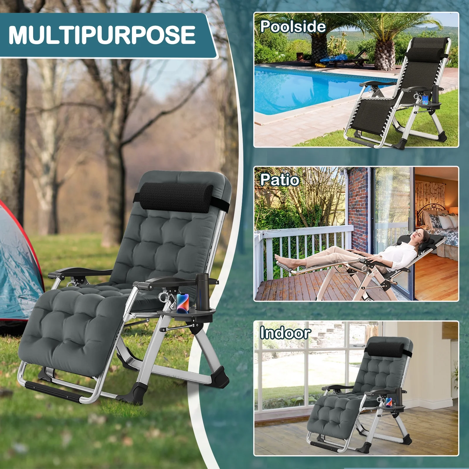 NAIZEA Zero Gravity Chair with Removable Cushion and Cup Holder Black - Image 19