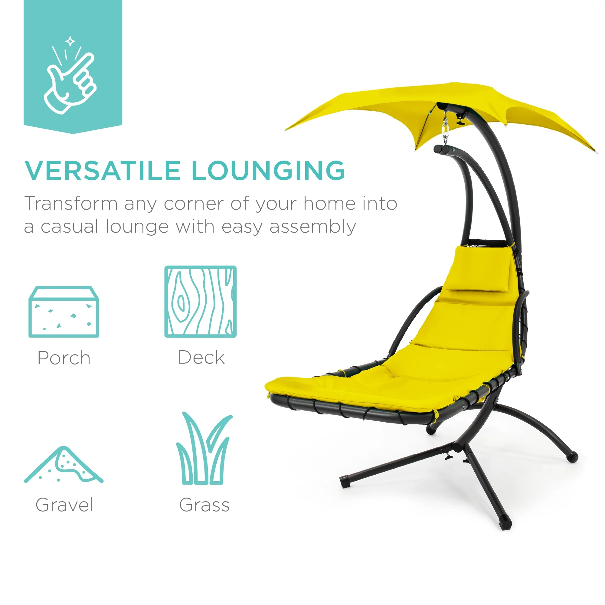 Best Choice Products Hanging Curved Chaise Lounge Chair Swing for Backyard, Patio w/ Pillow, Shade, Stand - Teal - Image 109