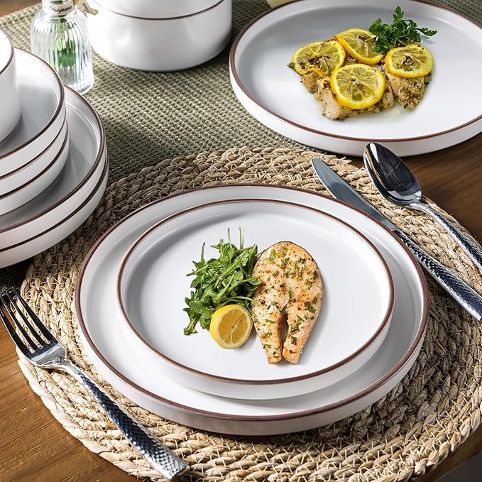 Vanilla White High-Rim Ceramic Dinnerware Set for 8 Shatterproof Oven Dishwasher Microwave Safe