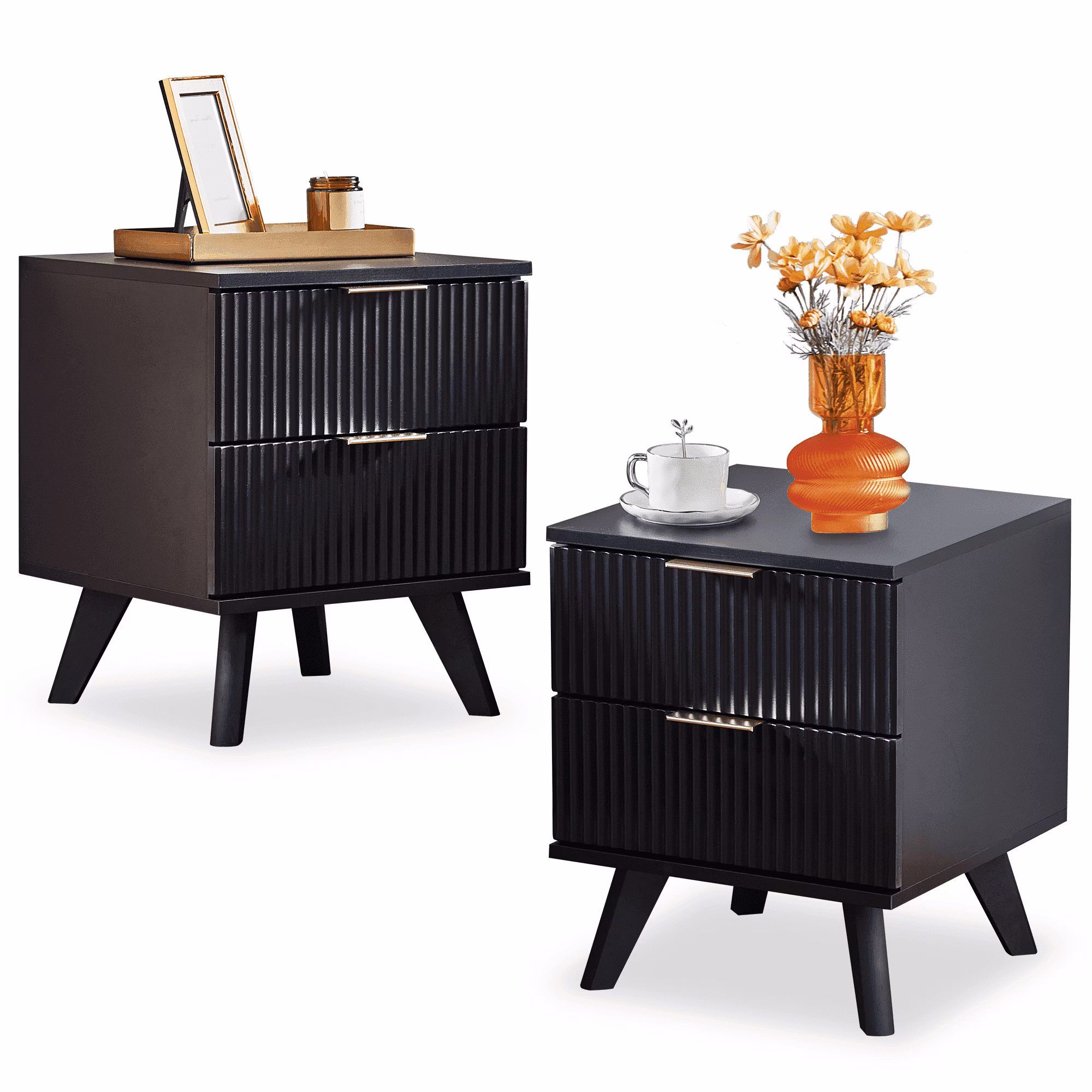YOCWO Fluted Nightstand for Bedroom Set of 2 , Wood Bedside Table Set of 2 with Drawers, Black