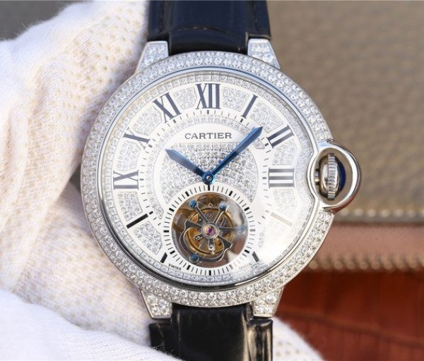 Replica Cartier Ballon Bleu de Cartier Tourbillon SS Full paved Diamonds Leather Strap - Top club
