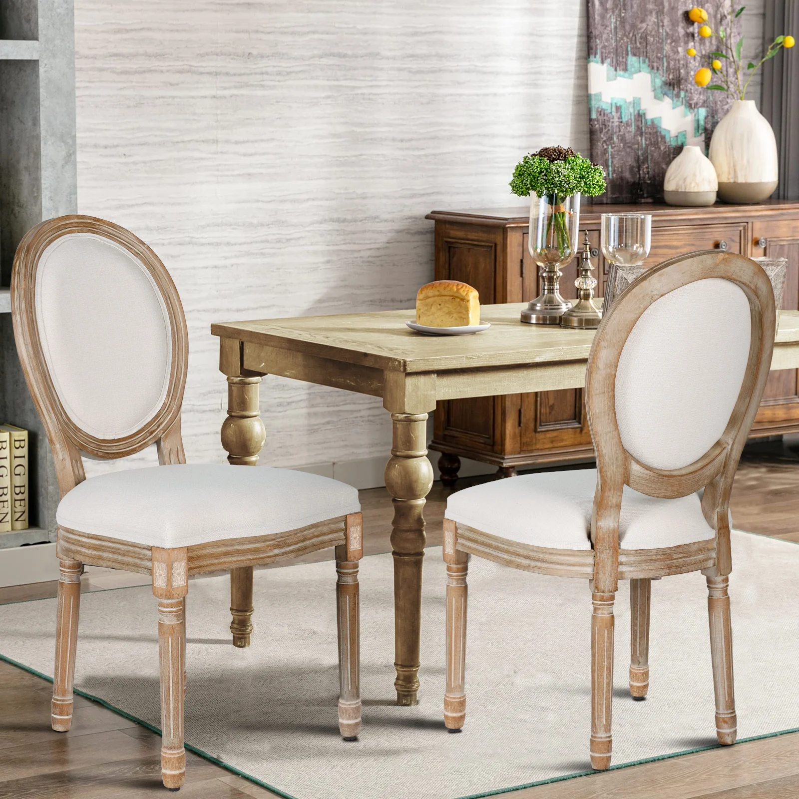 French Dining Chairs Set of 2 Beige Natural Fabric Round Back with Solid Wood Legs and Frame for Bedroom Dining Room Kitchen - Image 9