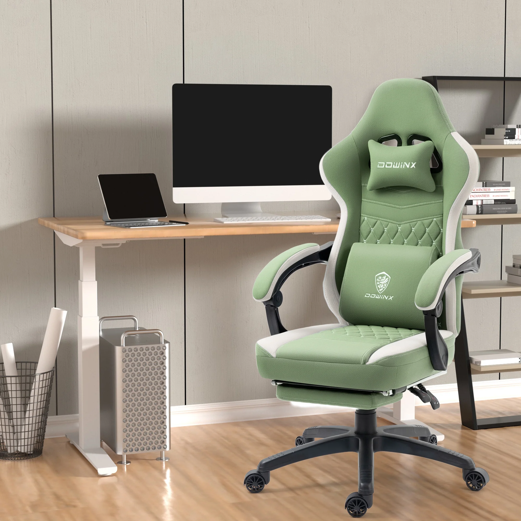 Dowinx Gaming Chair with Pocket Spring Cushion, Breathable Fabric Computer Chair with Gel Pad, Comfortable Office Chair with Storage Bag, Massage Game Chair with Footrest, Green - Image 2