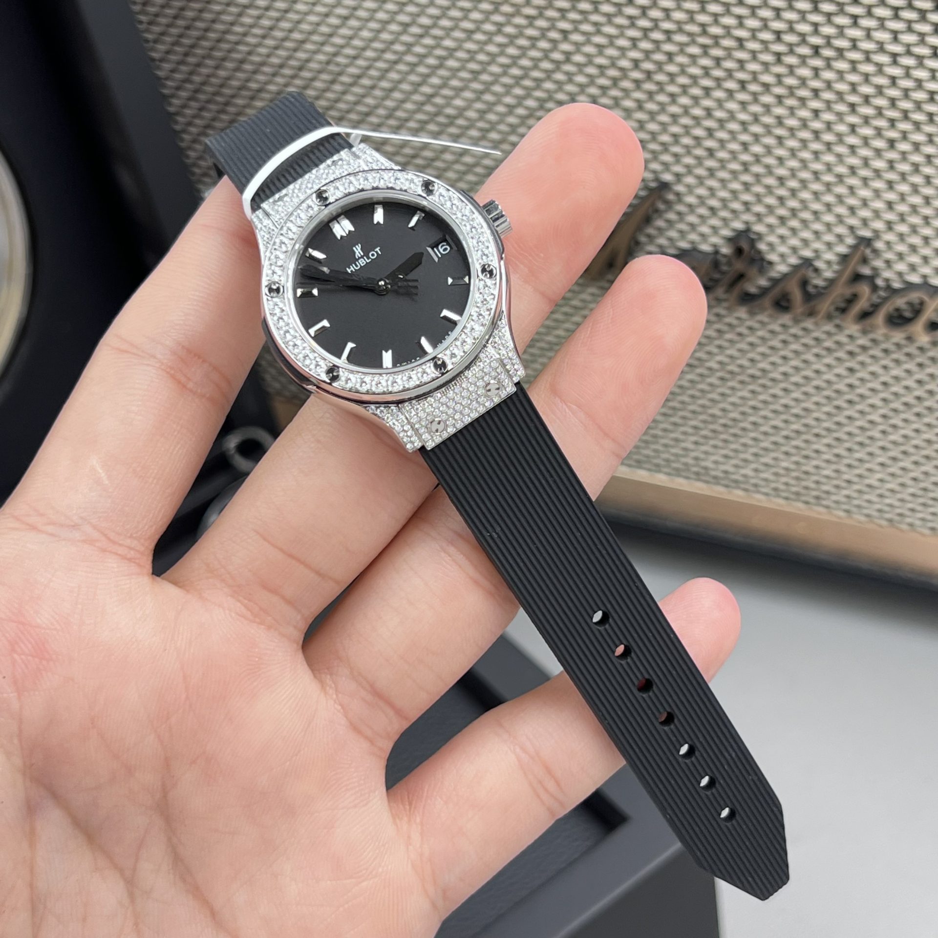 Hublot Classic Fusion Replica Watch Black Dial Custom Moissanite Diamonds 33mm - Elite Watch Atelier