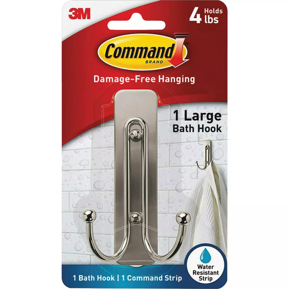 Command Large Double Bath Hook, Satin Nickel, 1 Hook, 1 Strip