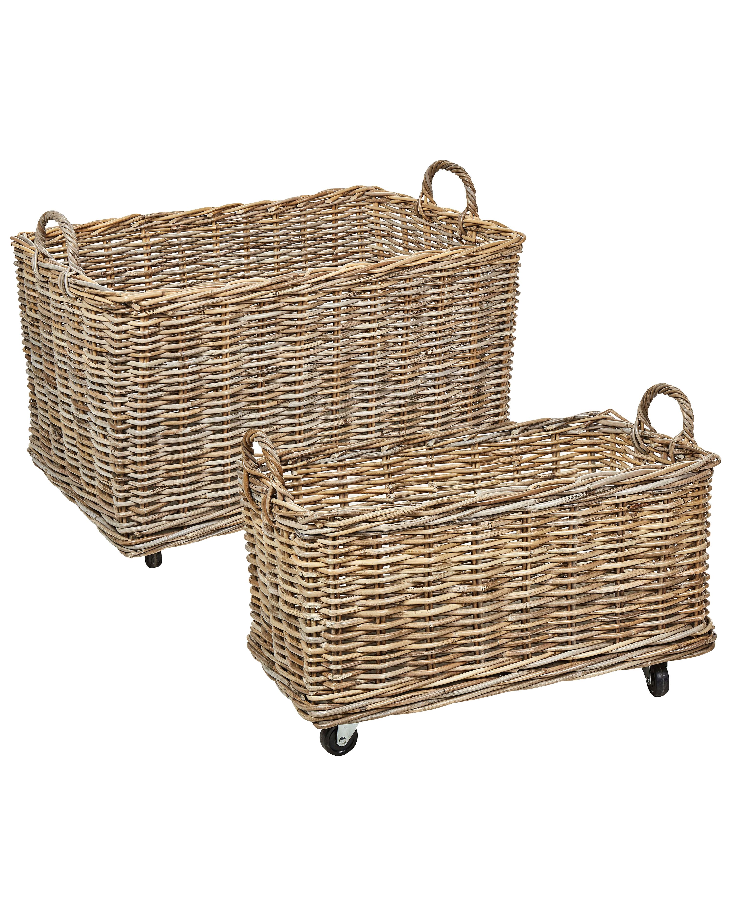 Set of 2 Baskets KITIM with Wheels Rattan Natural