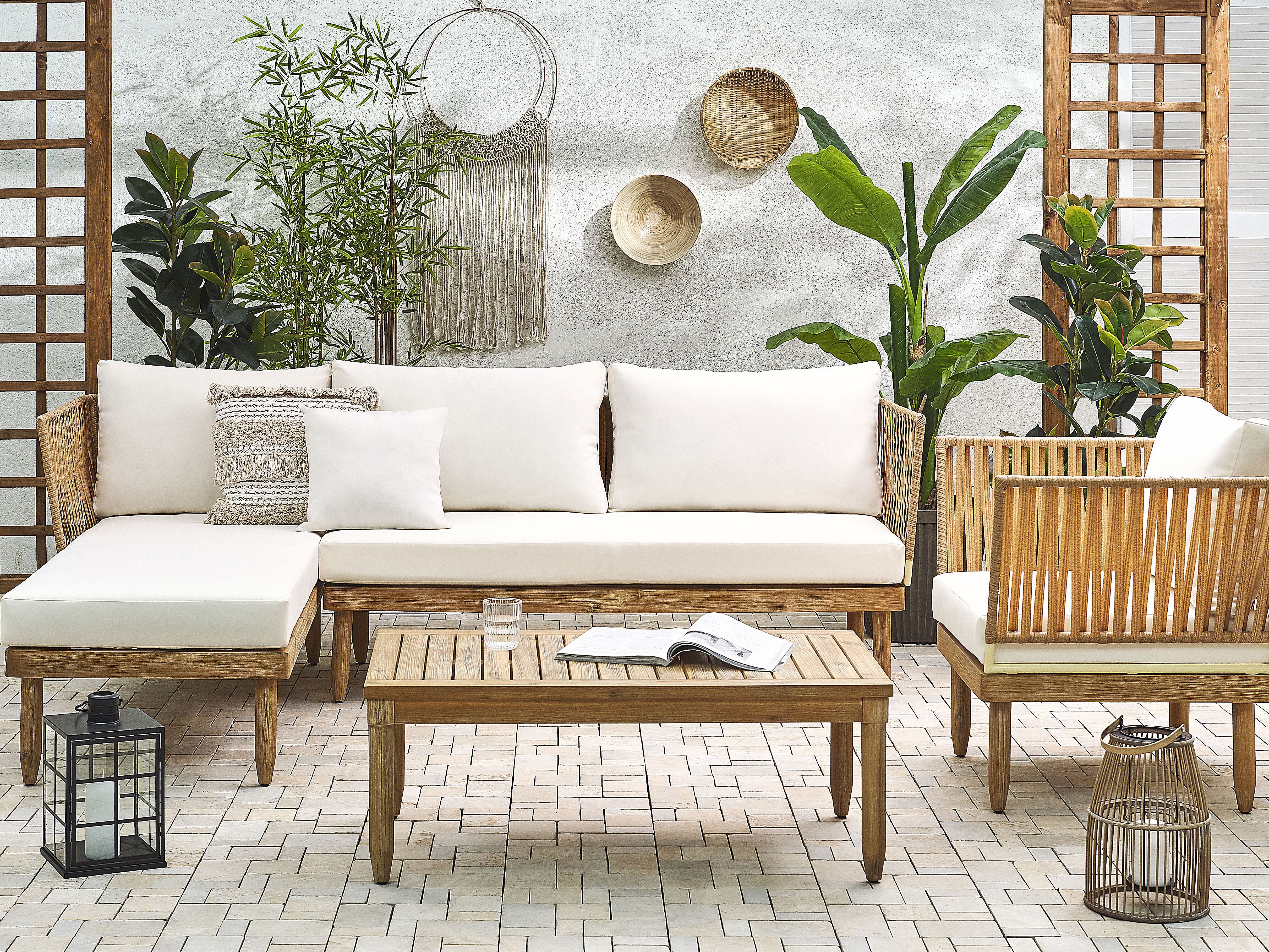Garden Lounge Set with Table 4 Seater CREMONA Right Hand Acacia Wood Off-White