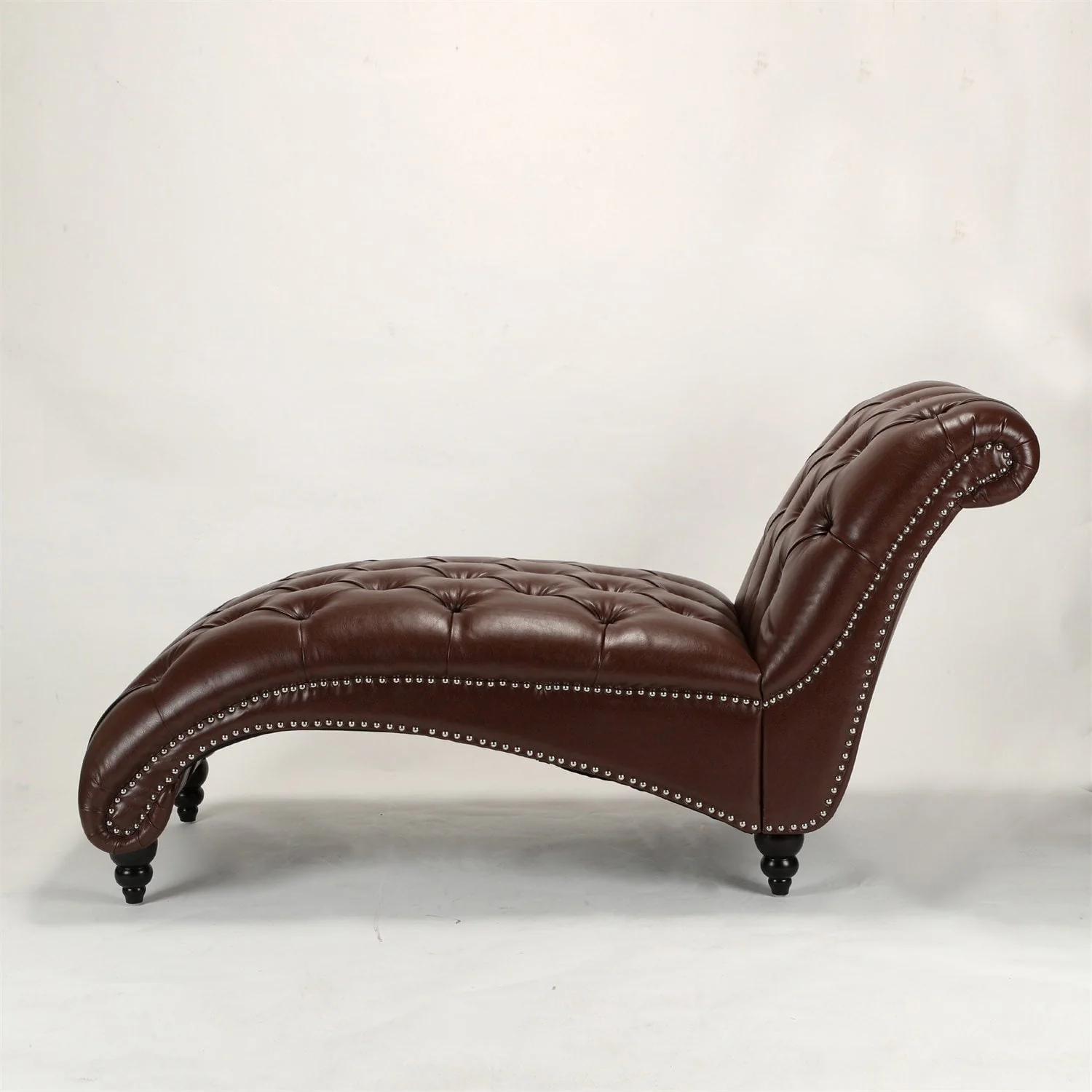 PU Leather Tufted Chaise Lounge Chair, Single Sofa Chaise Chair with Nailhead Trim and Turned Legs for Living Room Bedroom, Brown - Image 3