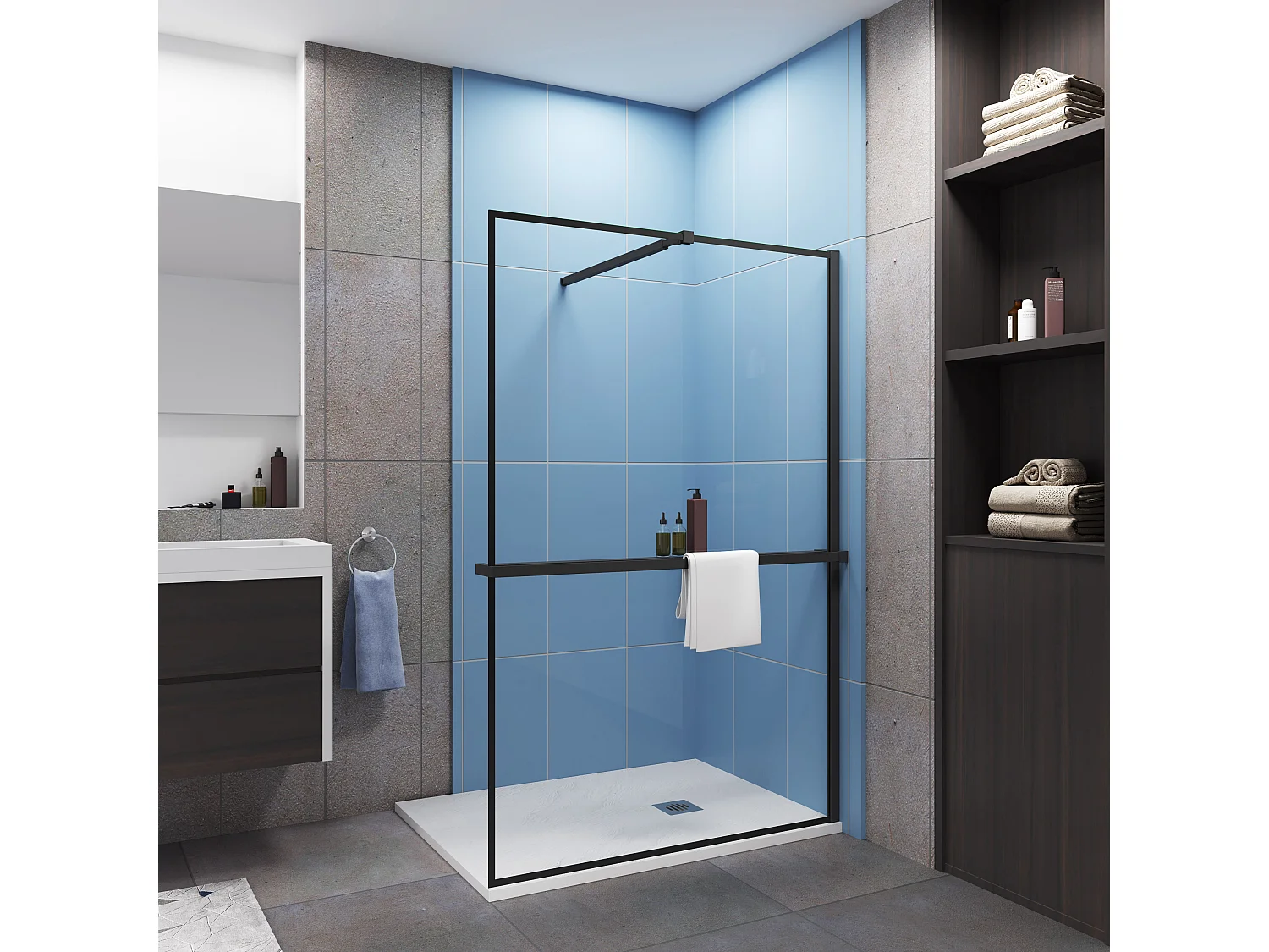 Paroi de douche à l'italienne noir 140x200cm - 8mm verre anticalcaire Avec Étagère de Douche 140cm en alu noir + barre de fixation noir 73-120cm