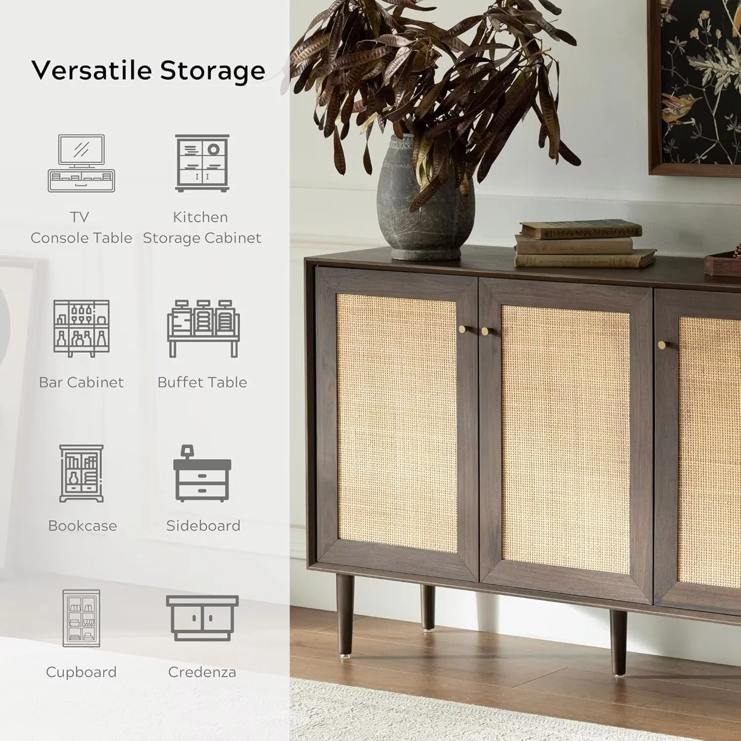 EYYTHUNG Farmhouse 3-Door Rattan Storage Cabinet, Solid Wood Entryway Buffet Sideboard - Image 12