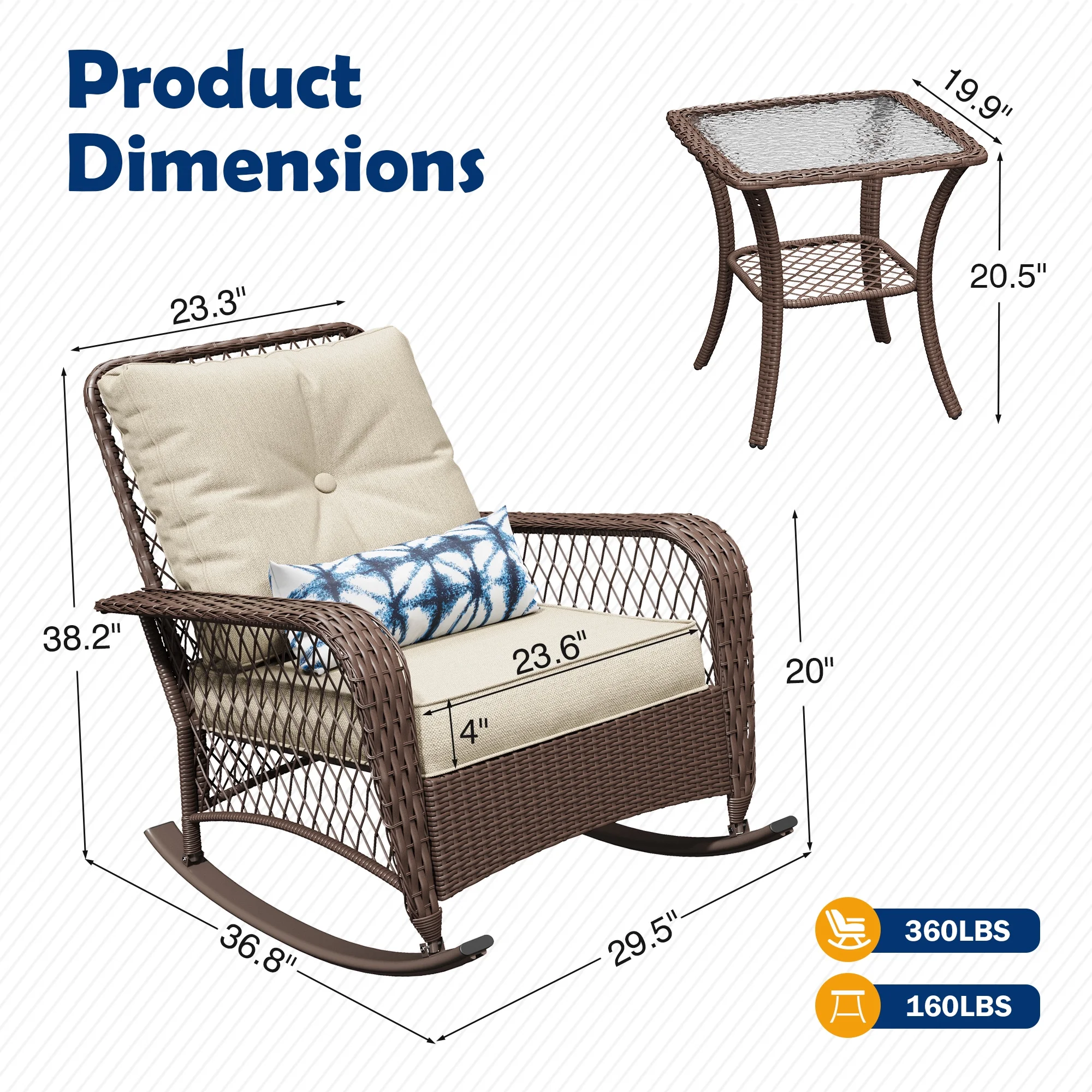 ELPOSUN 3-Piece Outdoor Rocking Chairs, Wicker Patio Furniture with Thickened Cushions and Table for Porch - Image 34