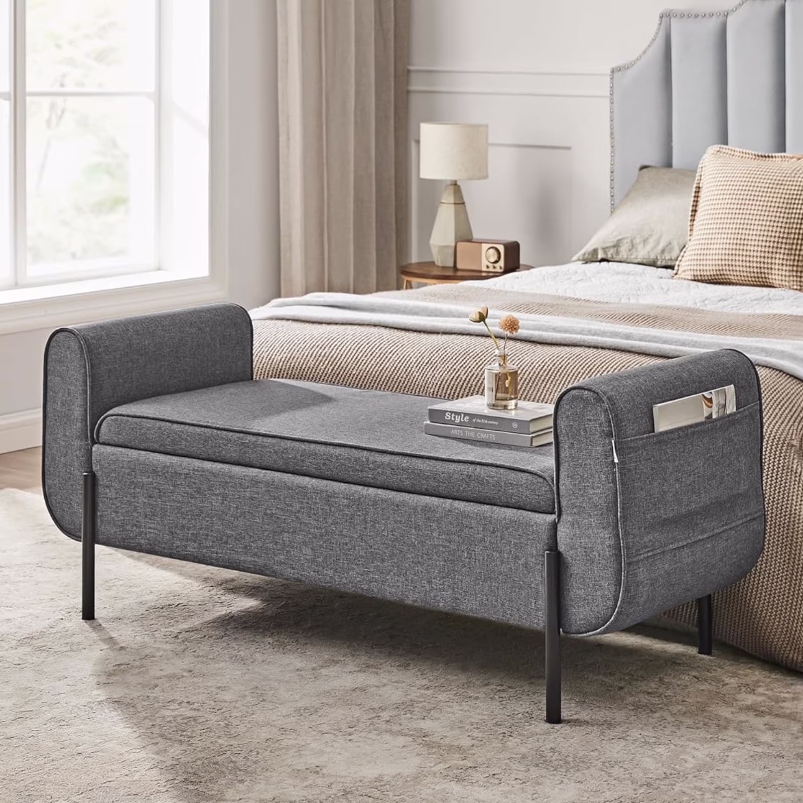 SONGMICS 46.5" Storage Ottoman Bench Storage Bench Bedroom Bench 330lb Load Capacity Solid Wood Legs Light Gray - Image 5