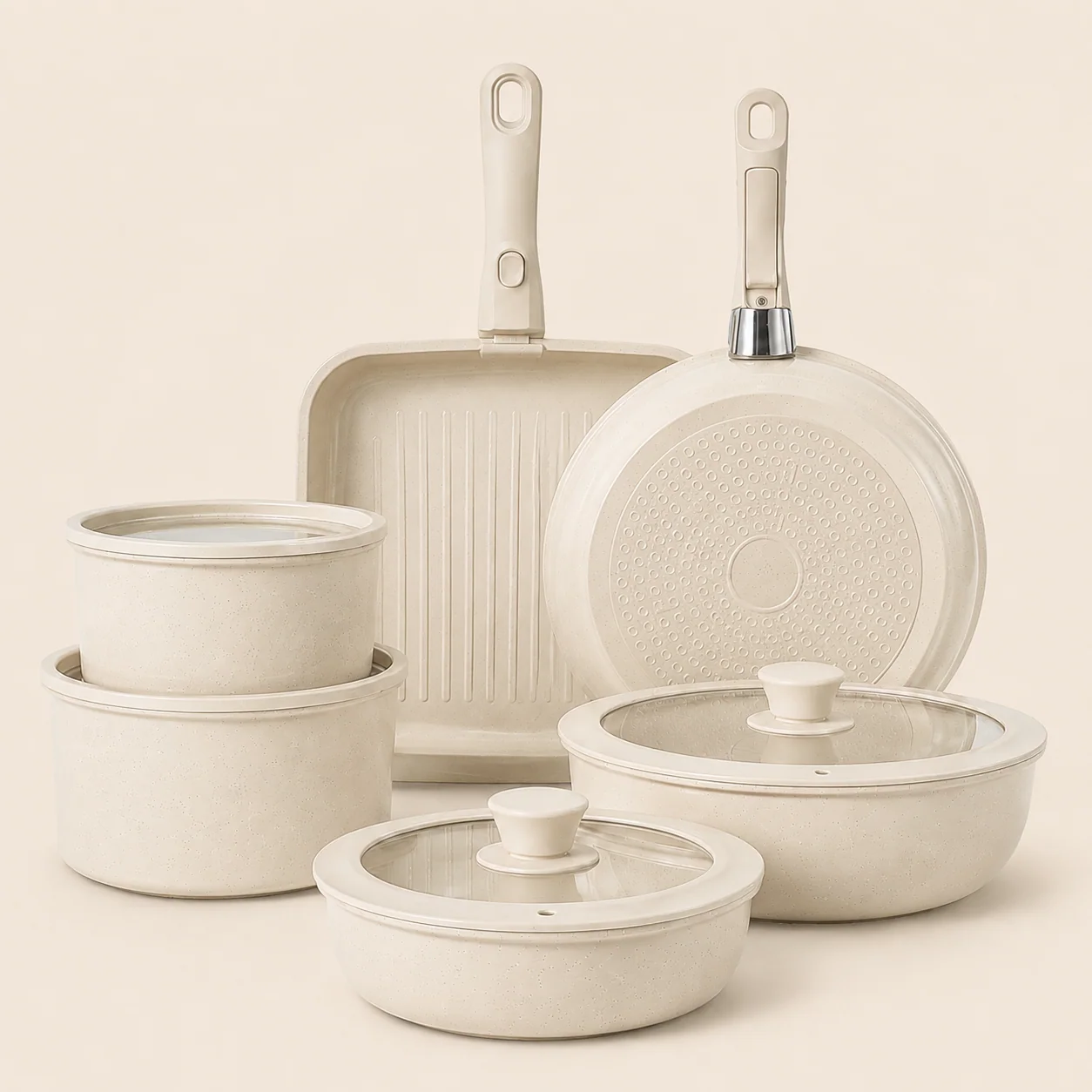 17-Piece White Nonstick Cookware Set with Removable Handles