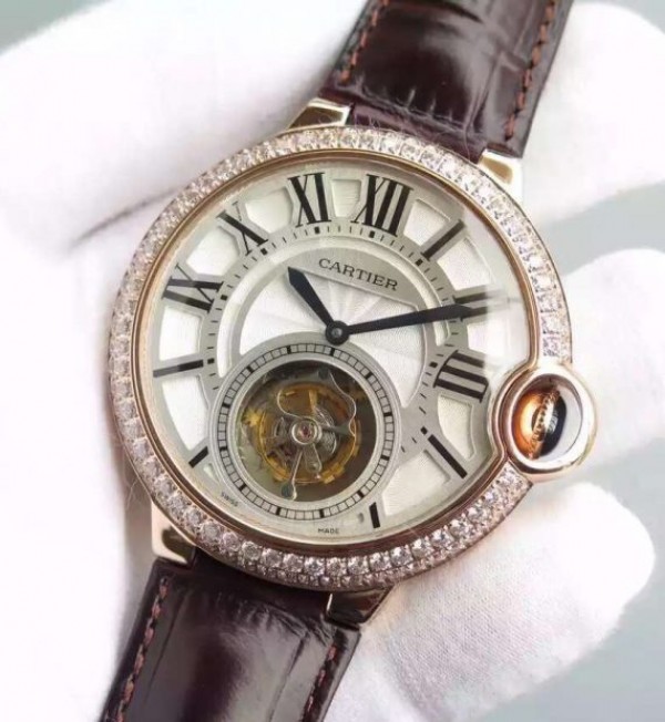 Replica Cartier Ballon Bleu Tourbillon RG Diamond Bezel Brown Leather Strap - Elite Watch Atelier