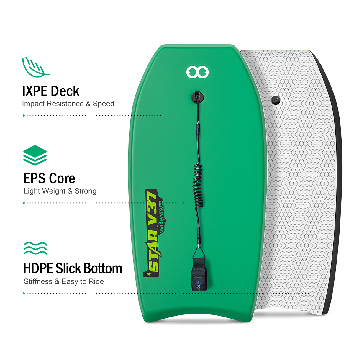 IXPE Surface HDPE Slick Bodyboard with Leash