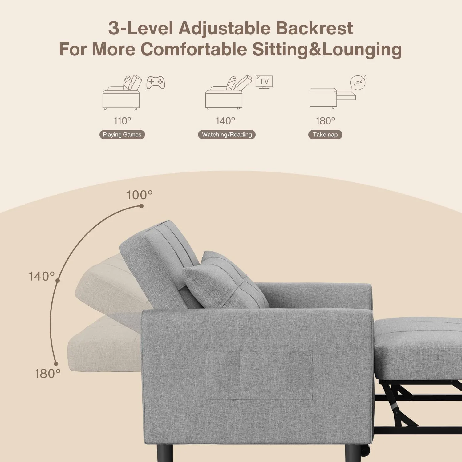 Lofka Chair Bed, Convertible Sofa Bed Couch Recliner Single Bed for Living Room/Office/Bedroom, Light Gray - Image 16