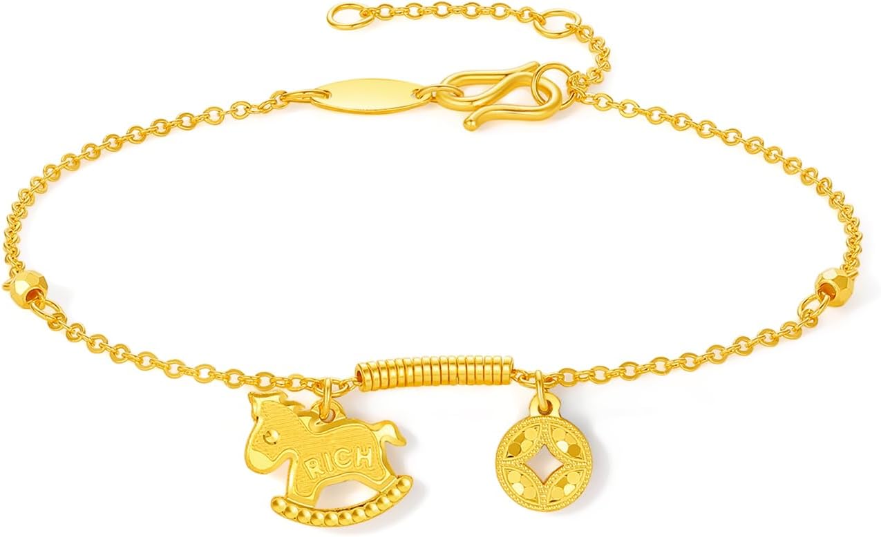24K Real Gold Chain Bracelet Rocking Horse Pure Gold Coin Link Bracelets RICH Character Jewelry for Women Daughter Mom Gifts Birthday Valentine Anniversary 6.3-7.5