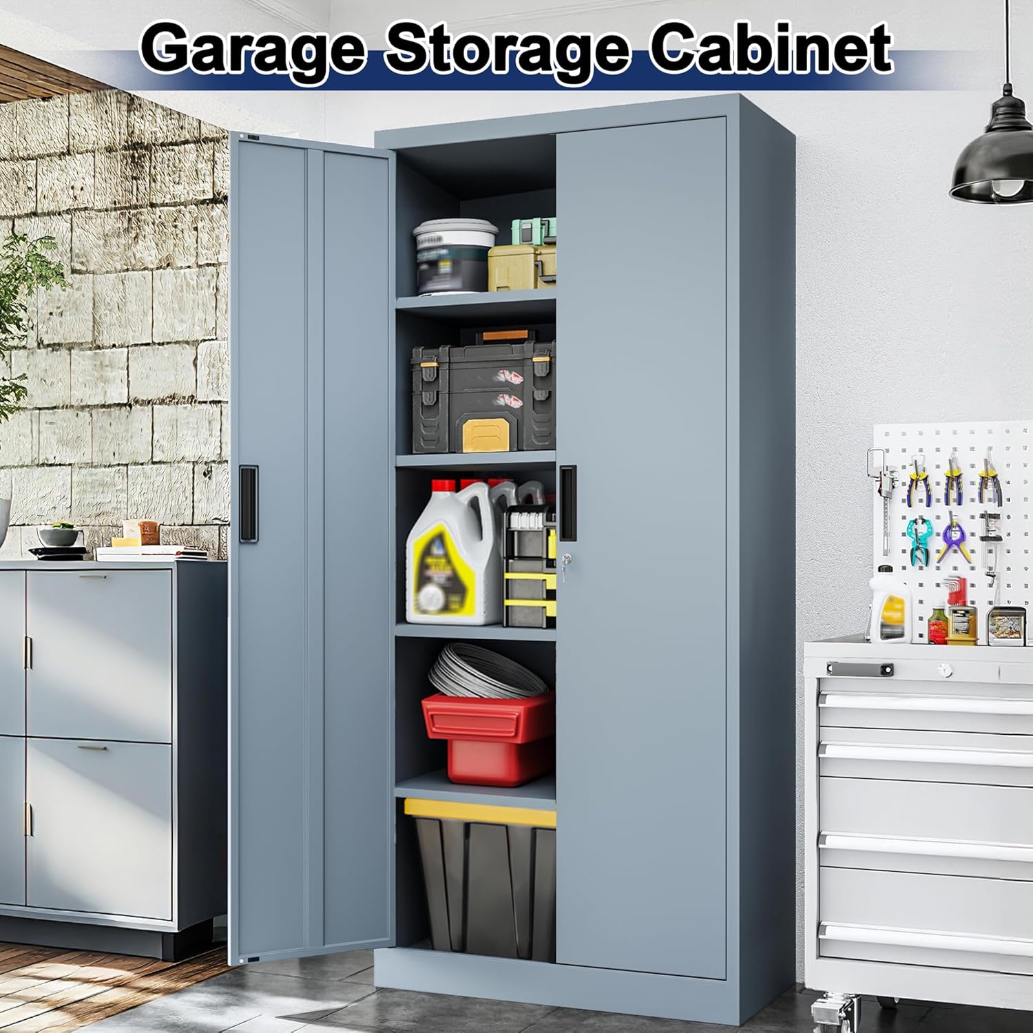BESFUR Metal Storage Cabinet with 2 Doors and 4 Adjustable Shelves Garage Storage Cabinet with Lock 71