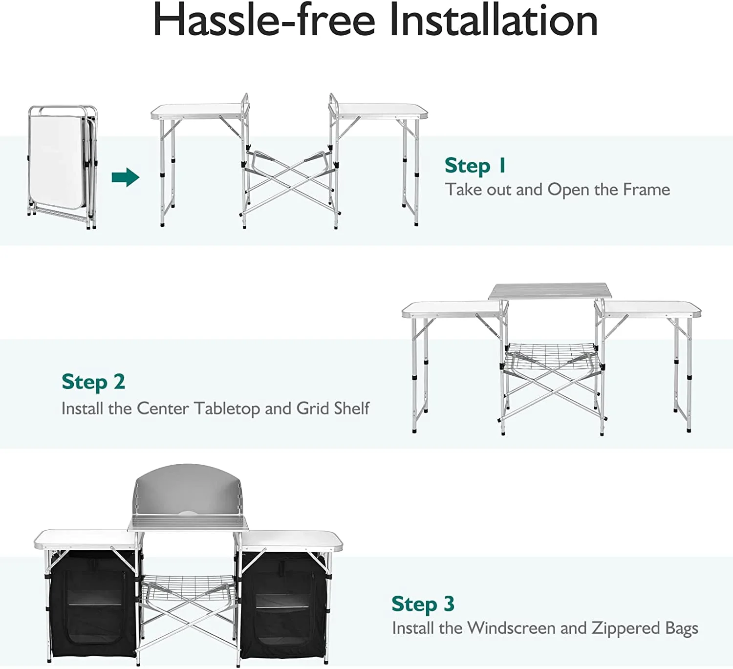 Camping Kitchen Table with Storage, Aluminum Portable Outdoor Cooking Table with Windscreen, Foldable Camp Table Cook Station for BBQ, Grill, Party, Picnics - Image 13