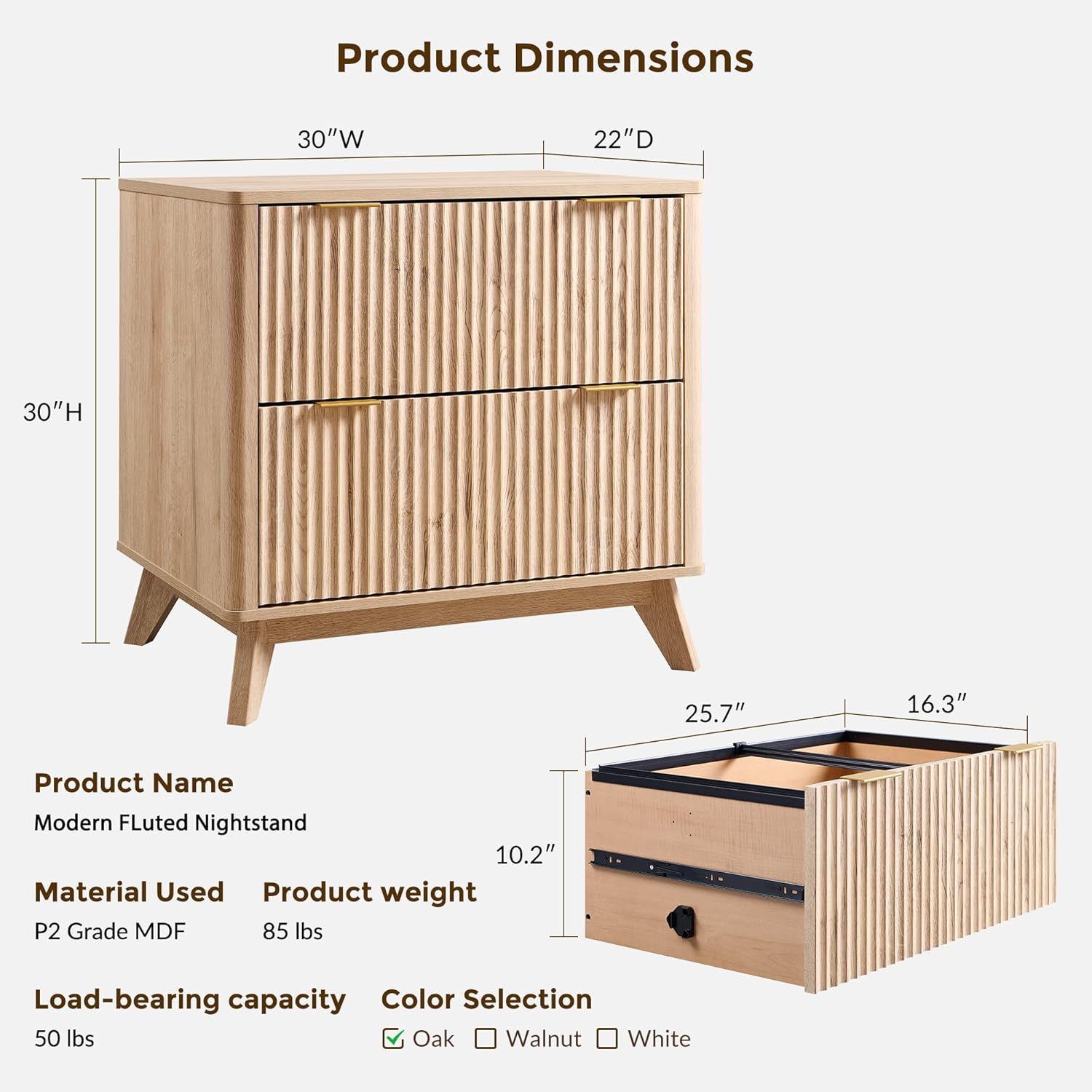T4TREAM Modern Fluted Wood Night Stand, 30