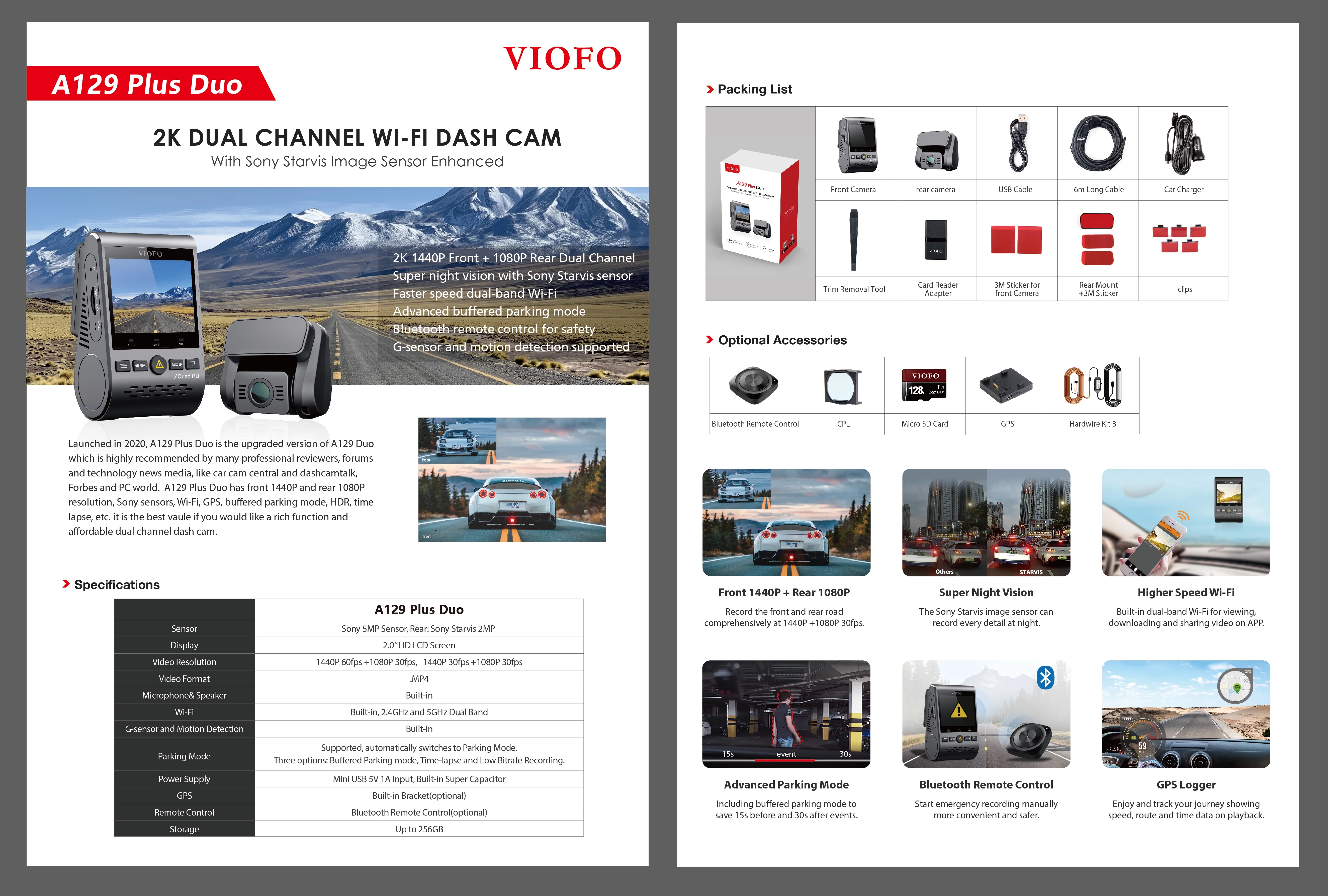 VIOFO A129 Plus Duo Dash Cam 2K 1440P 60FPS + 1080P 30FPS Wi-Fi GPS - NEW - Image 7