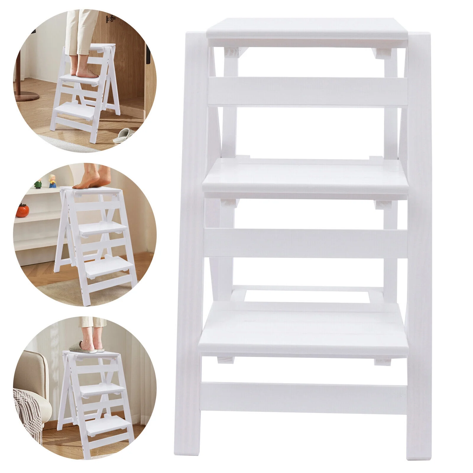 White 3-Tier Step Stool Solid Wood Folding Ladder Anti-Slip Step Stool - Image 4