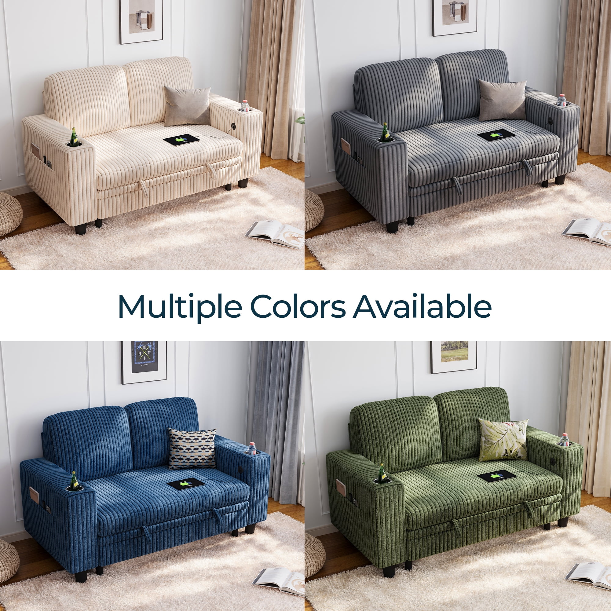 Linsy Home Plush Corduroy Pull Out Couch Chaise Lounge, Convertible Loveseat Sofa Couch With Usb & Cup Holder, Green - Image 11
