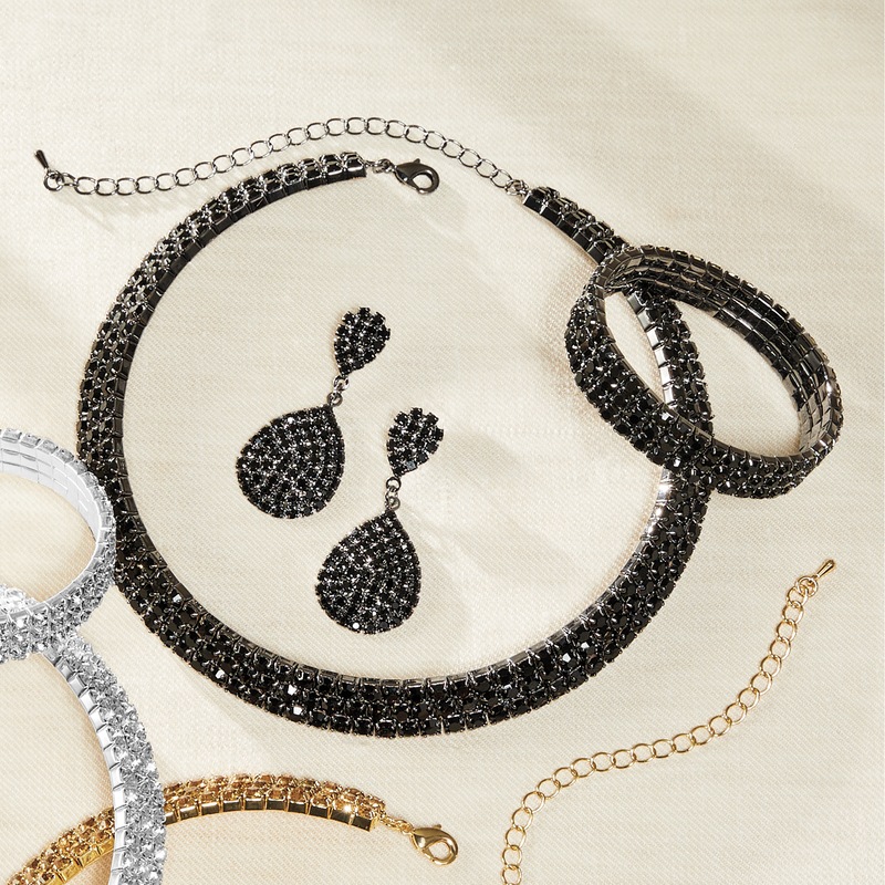 Silvertone Sparkling Crystal Jewelry Set with Necklace, Bracelet, and Earrings - MIDNIGHT VELVET CATALOG