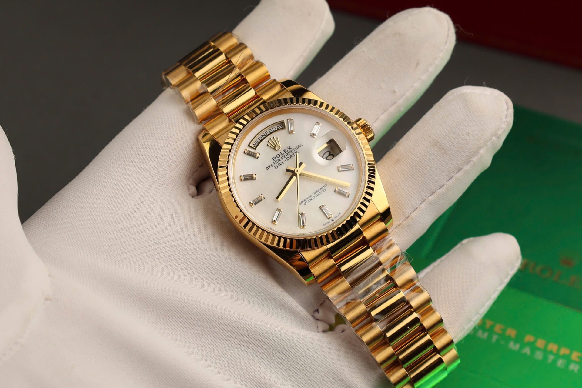Rolex Day-Date Replica Watch Dial Mother Of Pearl Custom Gold Wrapped 36mm - Elite Watch Atelier
