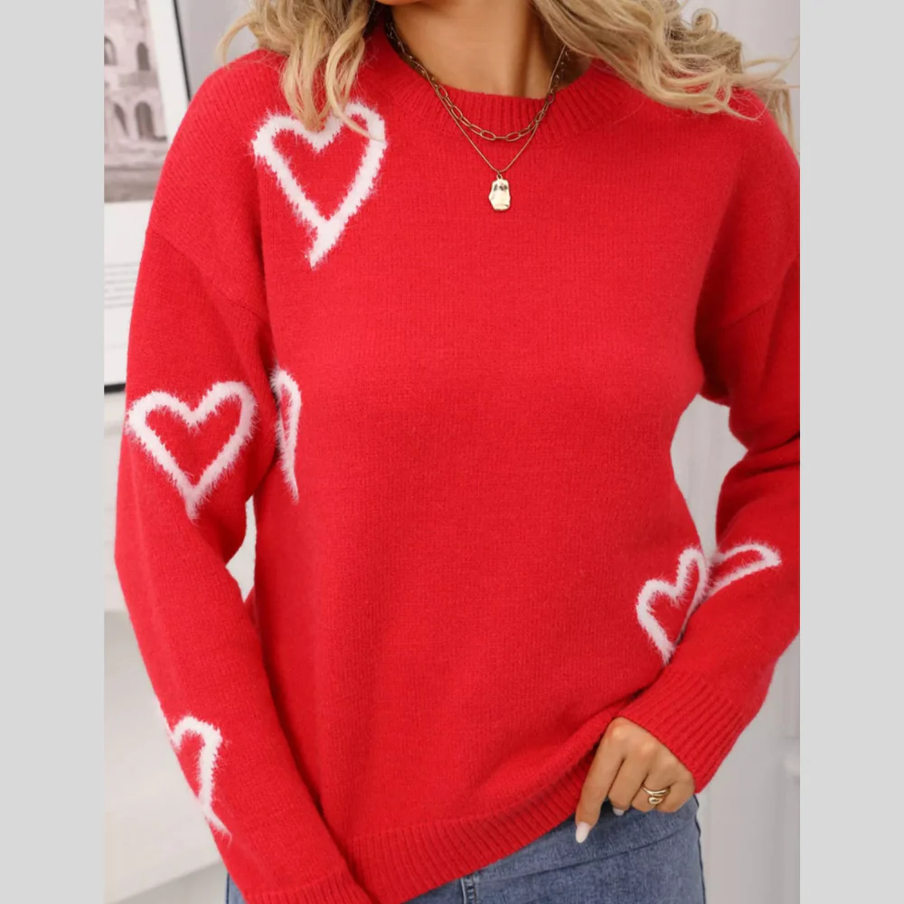Valentine's Day Heart Print Crew Neck Sweater - ZKZOOK