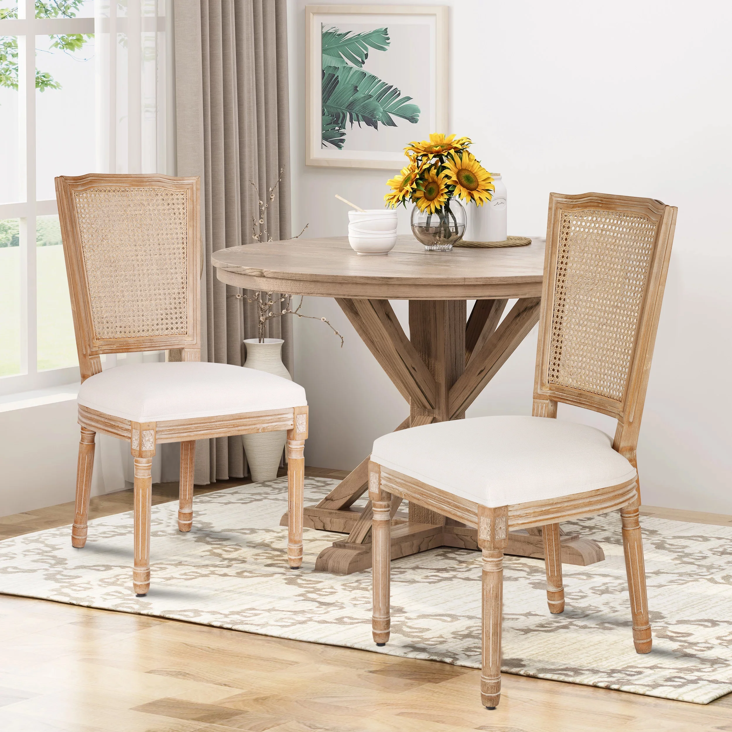 French Dining Chairs Set of 2 Beige Natural Fabric Round Back with Solid Wood Legs and Frame for Bedroom Dining Room Kitchen - Image 14