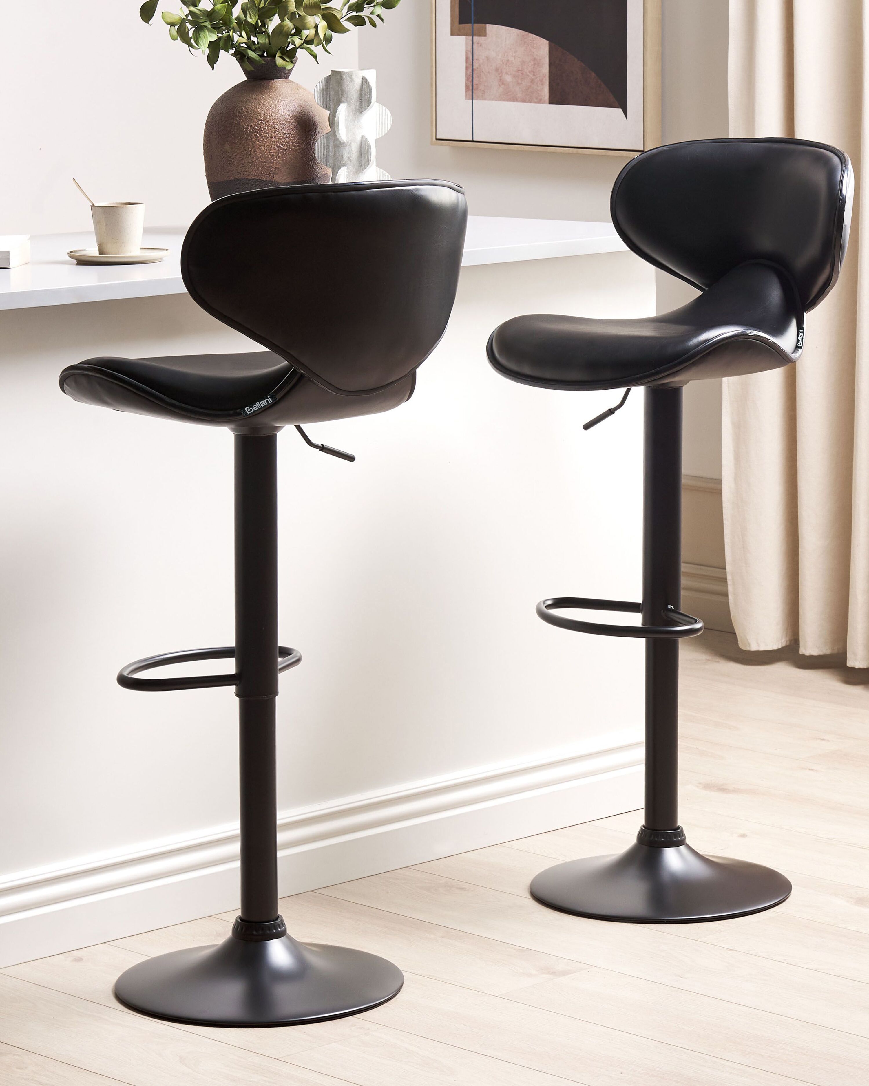 Set of 2 Bar Chairs CONWAY Faux Leather Swivel Black