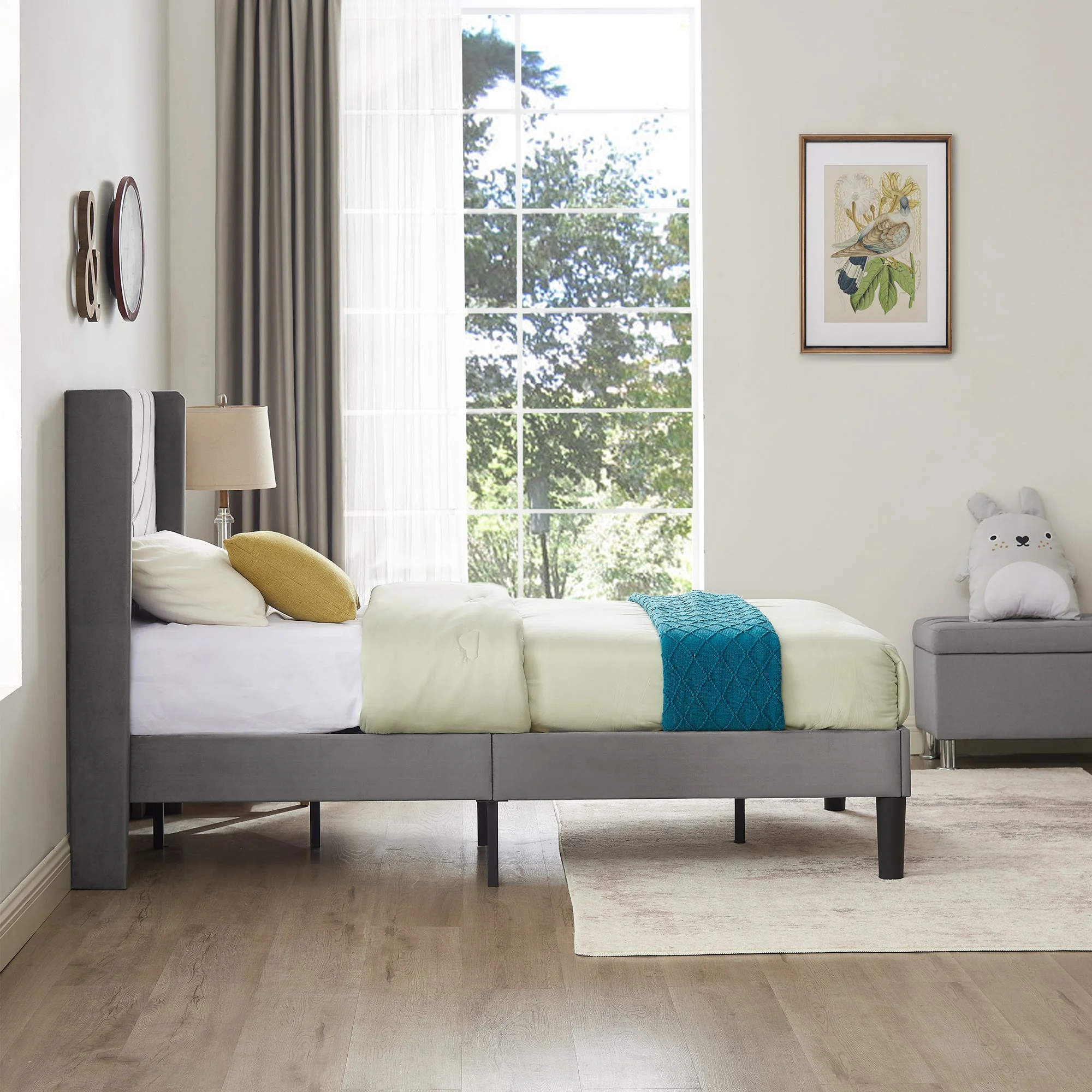 VECELO Set of 2 Twin Bed Frames, Modern Upholstered Platform Bed Frame with Tufted Headboard, No Box Spring Needed, Dark Green - Image 16