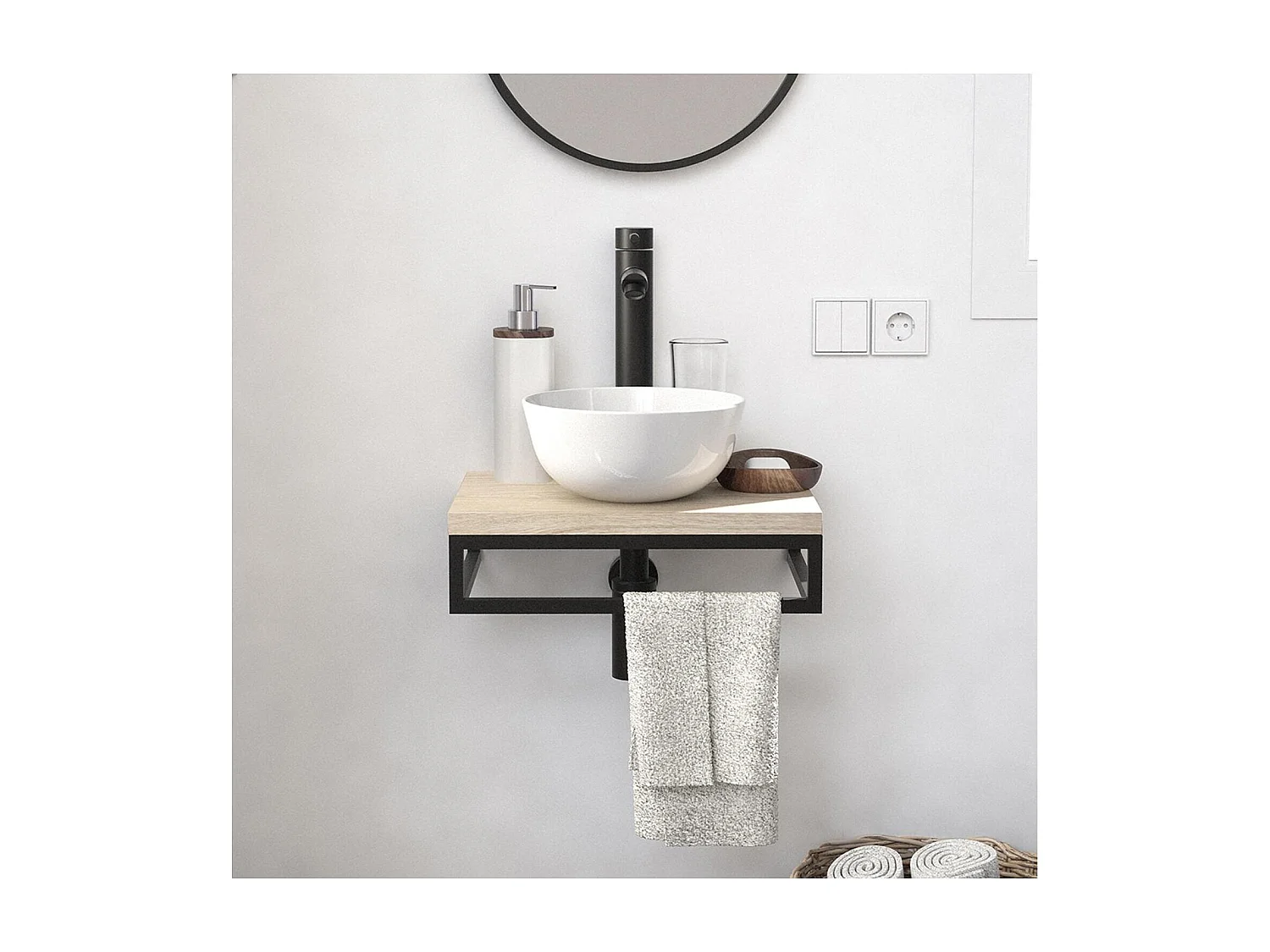 Meuble lave-mains SOHO plan fin et porte serviette dessous vasque blanche
