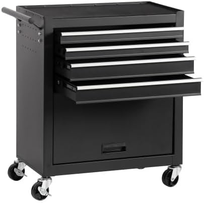 4-Drawer Rolling Tool Chest, Cabinet with 4 Wheels Tool Chest with Drawers, Suitable for Garages, Warehouses, Workshops, Repair Shops, Black