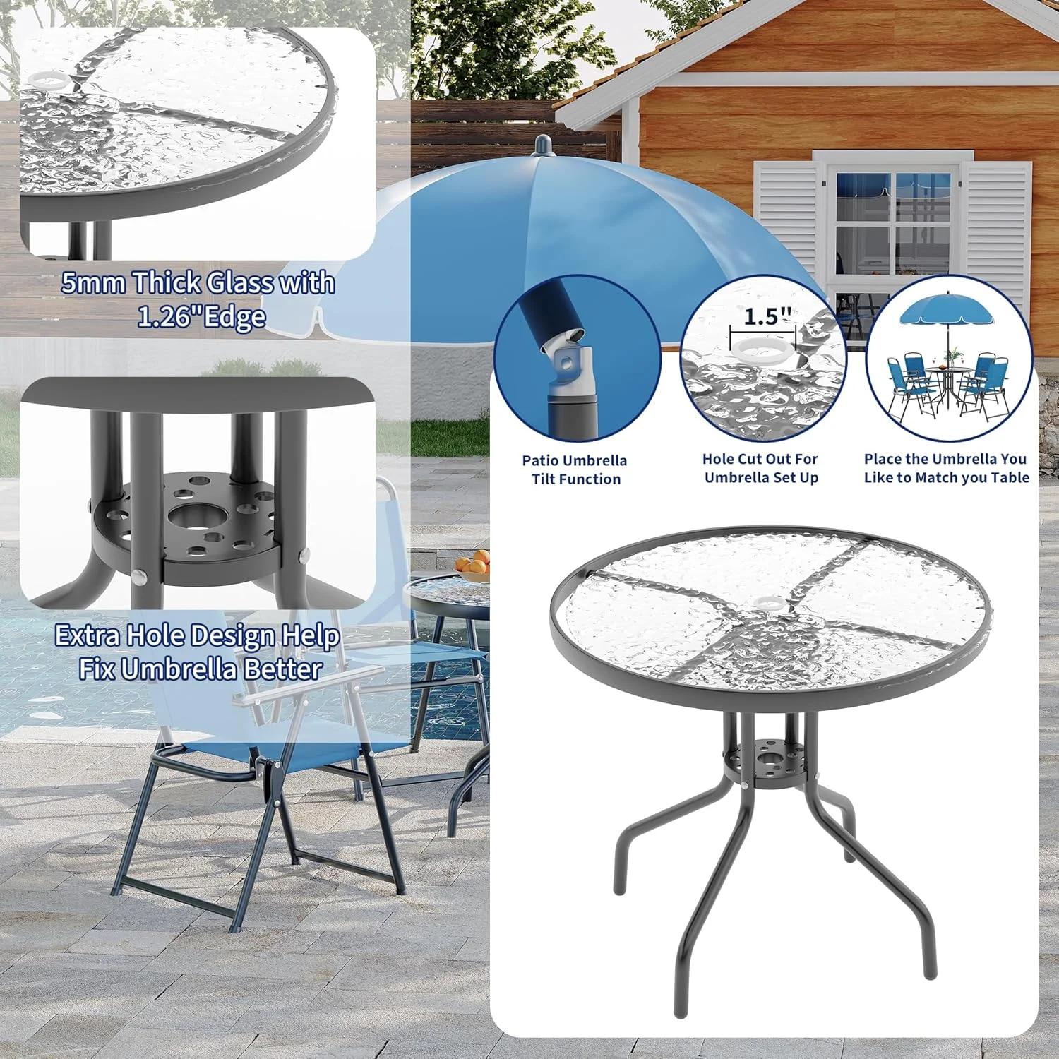 6 Pieces Outdoor Dining Set With Umbrella, Patio Table and 4 Folding Chairs With Umbrella, Garden Patio Furniture Set With Umbrellas, Tempered Glass Top Dining Table - Image 16