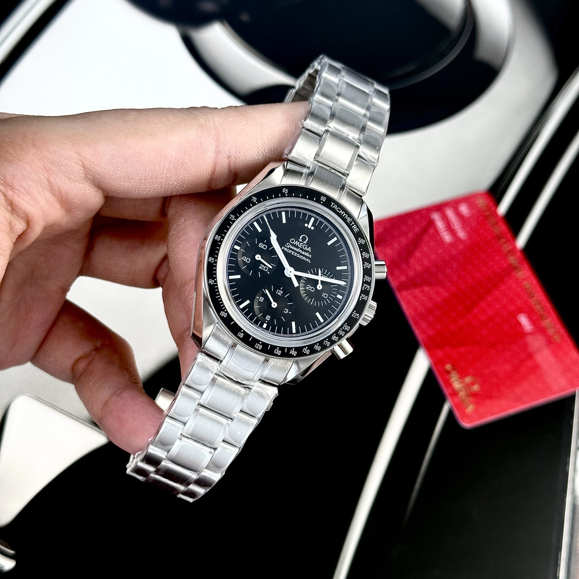 Omega Replica Watch Speedmaster Moonwatch Black Dial Metal Wire 42mm - Elite Watch Atelier