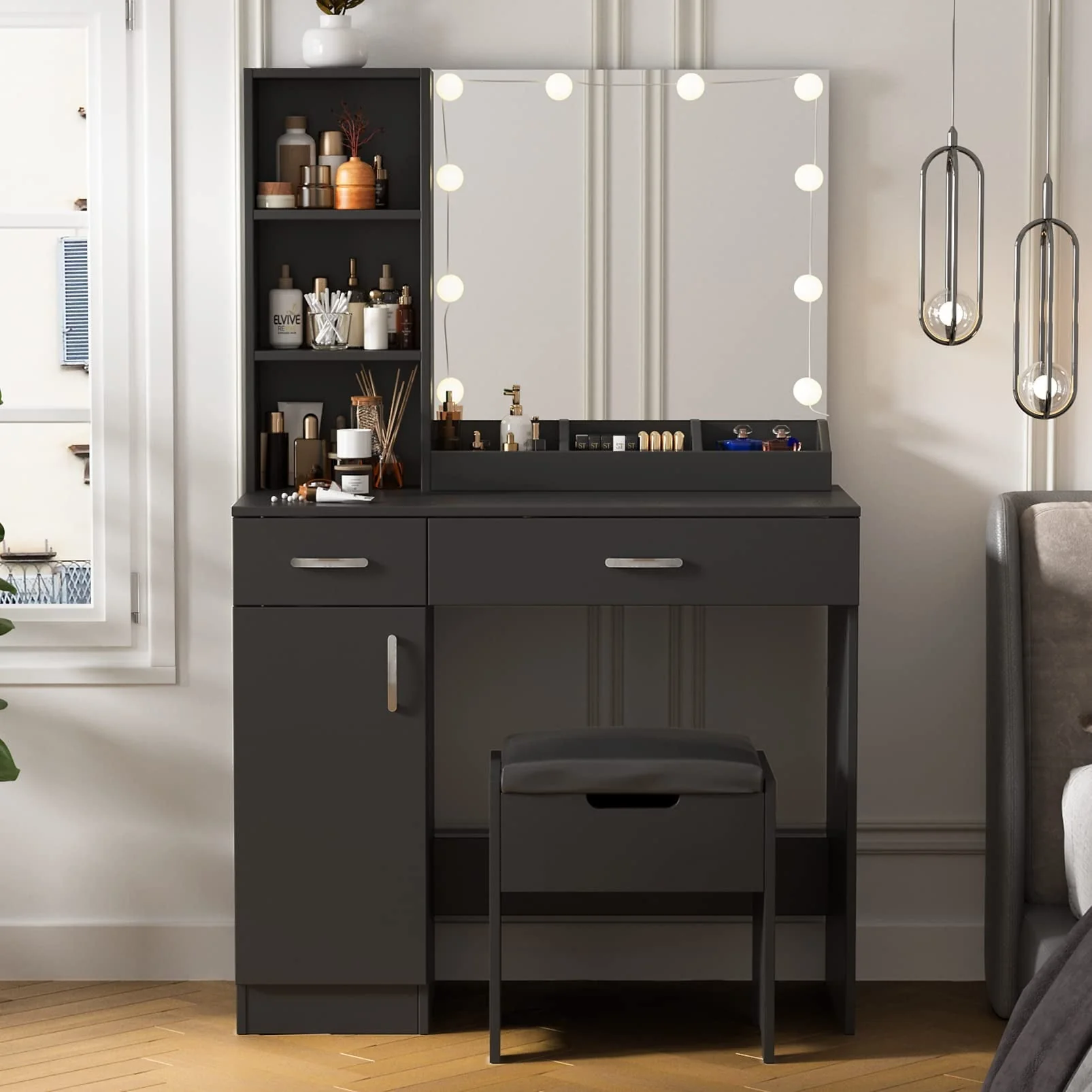 Veanerwood Makeup Vanity Table with 10 Led Lights, Lighted Mirror Vanity Desk, Modern Bedroom Dressing Vanity, White Finish