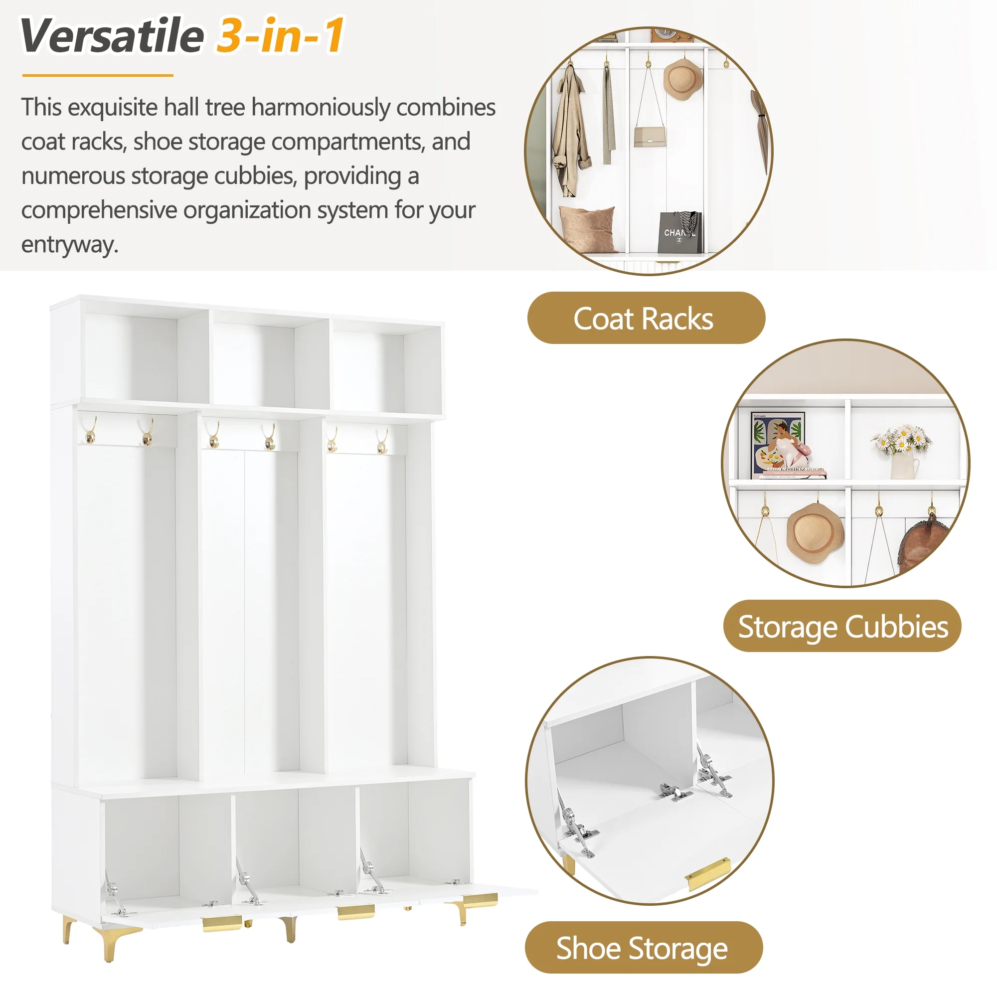 Euroco Modern Hall Tree with High Gloss Fluted Doors, Gold Accents, Shoe Storage & Bench a?? Entryway Organizer with Cubbies and Coat Hooks - Image 12